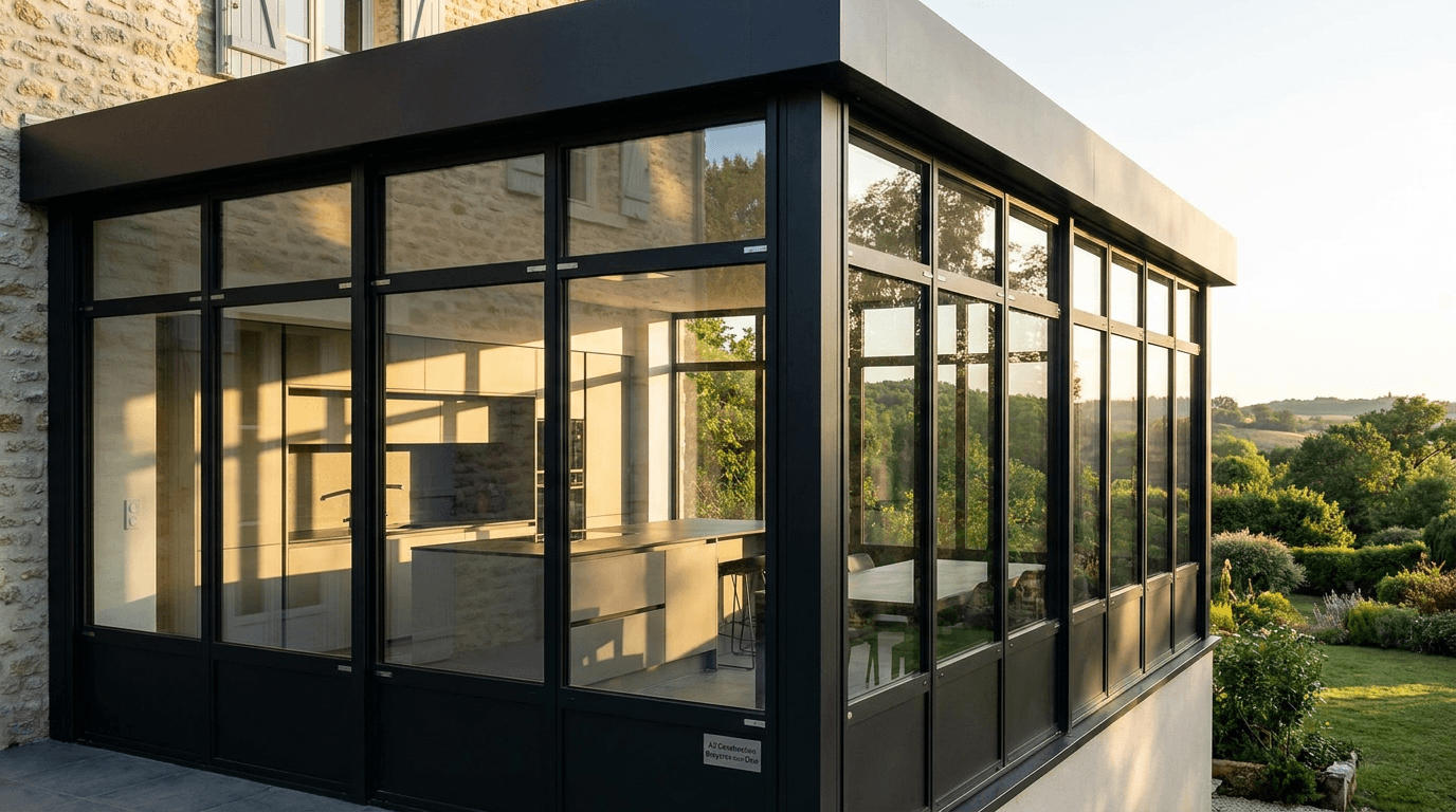 Verrière extension acier S235JR + verre Saint-Gobain Climaplus + inox brossé — Enghien-les-Bains (Val-d'Oise 95) — AZ Construction Bruyères-sur-Oise — DTU 39