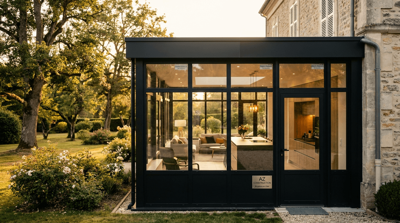 Verrière extension acier S235JR + verre Saint-Gobain Climaplus + inox brossé — Fontainebleau (Seine-et-Marne 77) — AZ Construction Bruyères-sur-Oise — DTU 39