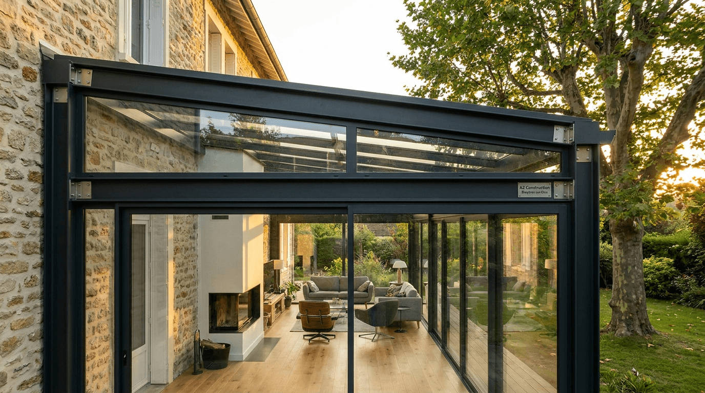 Verrière extension acier S235JR + verre Saint-Gobain Climaplus + inox brossé — Paris 3e Marais — AZ Construction Bruyères-sur-Oise — DTU 39