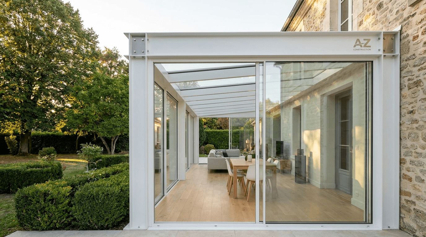 Verrière extension acier S235JR blanc RAL 9010 + verre Saint-Gobain Climaplus + inox brossé — Paris 4e Marais Bastille — AZ Construction Bruyères-sur-Oise — DTU 39