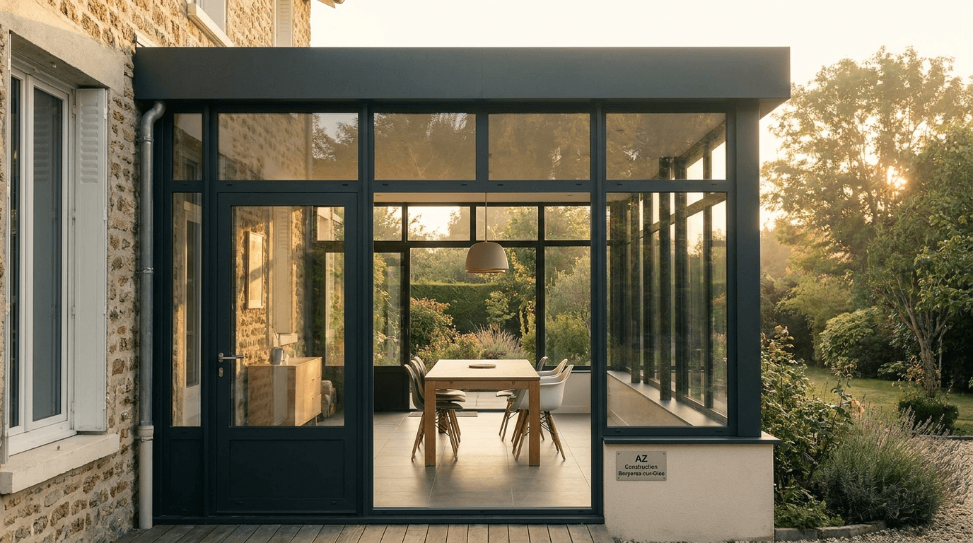 Verrière extension acier S235JR + verre Saint-Gobain Climaplus + inox brossé — Paris 6e Saint-Germain — AZ Construction Bruyères-sur-Oise — DTU 39