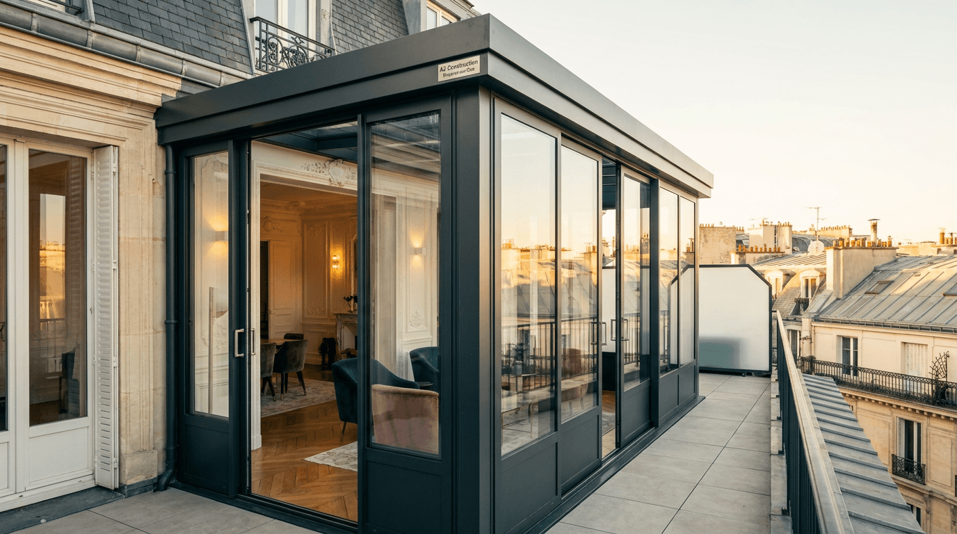 Verrière extension acier S235JR + verre Saint-Gobain Diamant + inox brossé — Paris 8e Champs-Élysées — AZ Construction Bruyères-sur-Oise — DTU 39