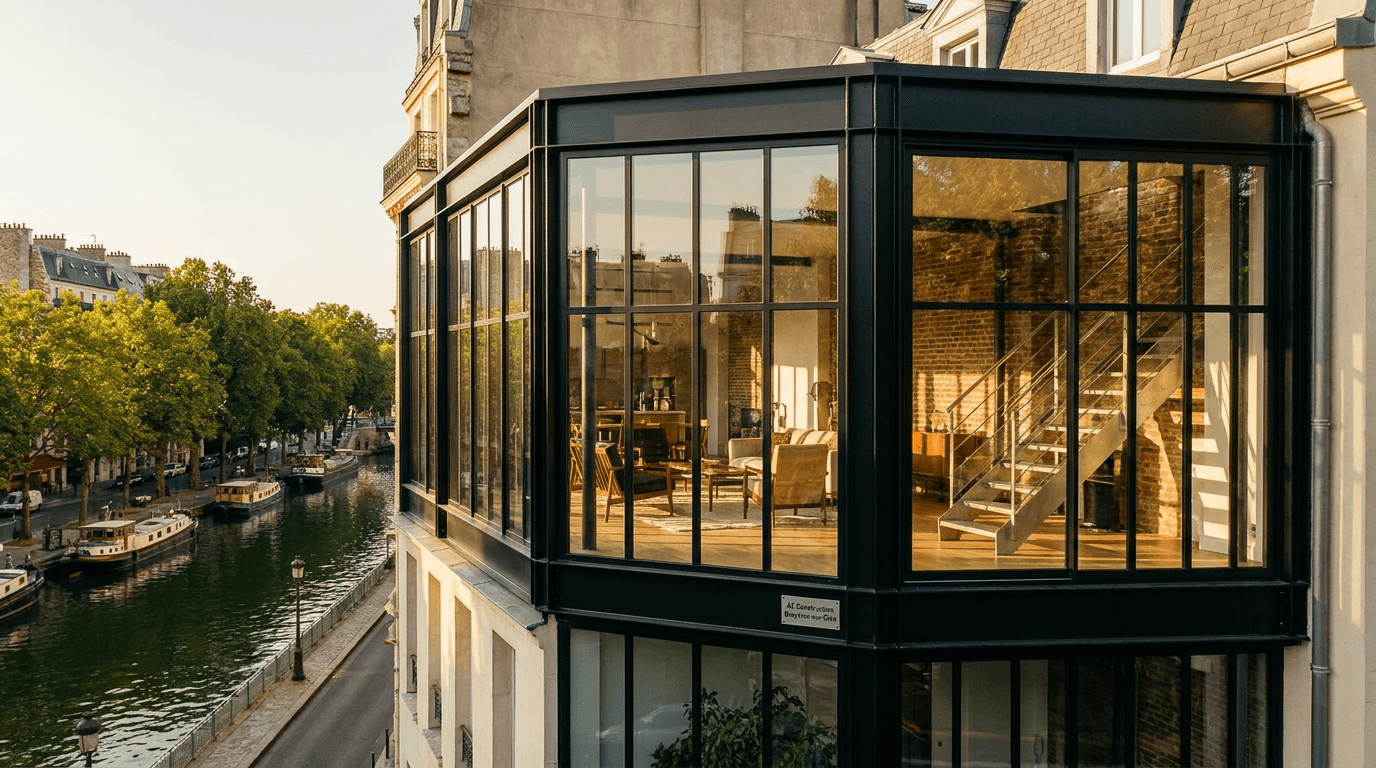 Verrière extension acier S235JR + verre Saint-Gobain Diamant + inox brossé — Paris 10e Canal Saint-Martin — AZ Construction Bruyères-sur-Oise — DTU 39