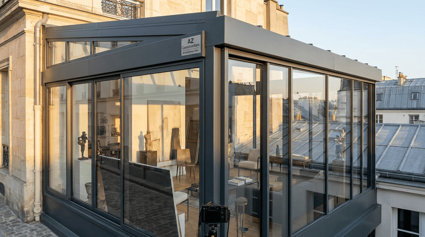 Verrière extension acier S235JR + verre Saint-Gobain Diamant + inox brossé — Paris 11e Bastille — AZ Construction Bruyères-sur-Oise — DTU 39