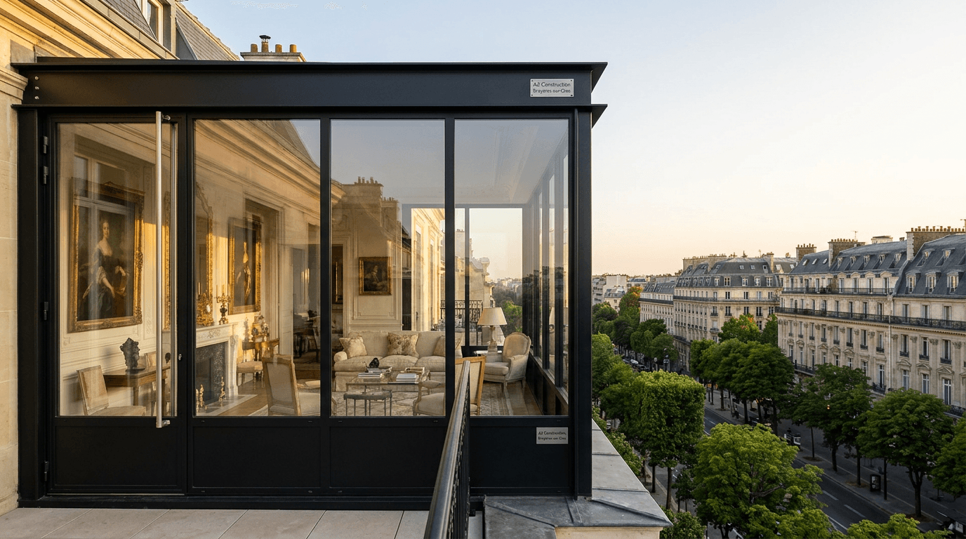 Verrière extension acier S235JR + verre Saint-Gobain Diamant + inox brossé — Paris 16e Avenue Foch — AZ Construction Bruyères-sur-Oise — DTU 39