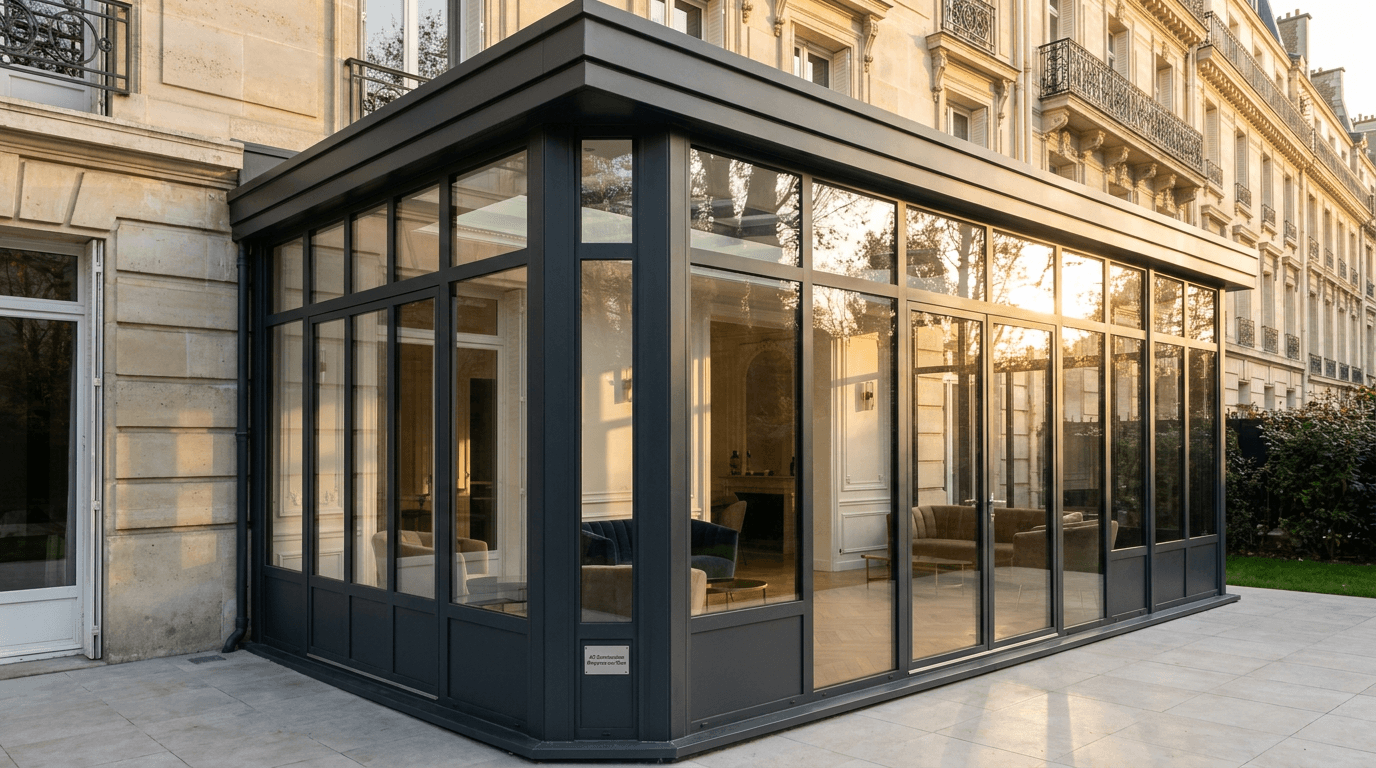 Verrière extension acier S235JR + verre Saint-Gobain Diamant + inox brossé — Paris 17e Étoile — AZ Construction Bruyères-sur-Oise — DTU 39
