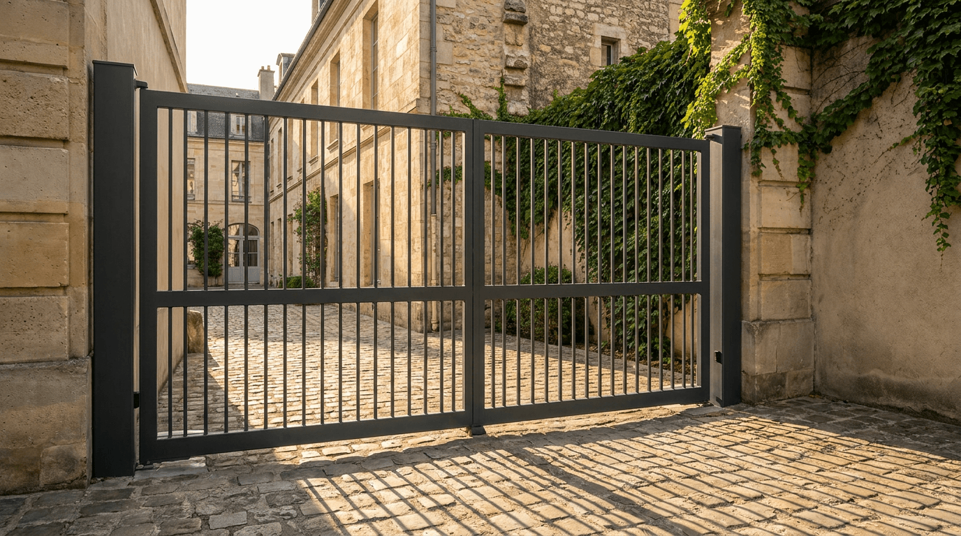 Portail acier S235JR battant 2 vantaux motorisé Came BX-241 RAL 7016 anthracite — Paris 5e Quartier Latin — AZ Construction Bruyères-sur-Oise — EN 13241