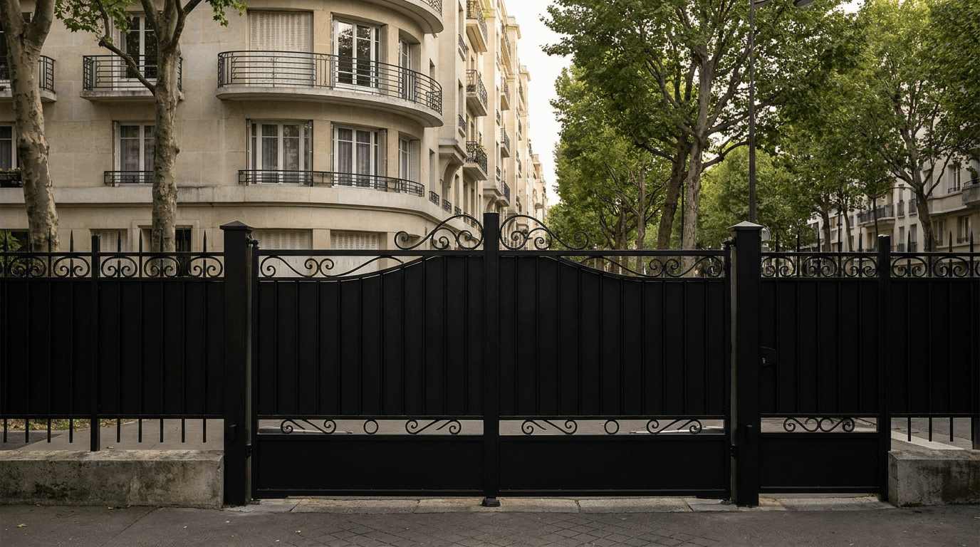 Portail acier S235JR battant 2 vantaux ouvragé motorisé Came BX-241 RAL 9005 noir — Paris 13e Place d'Italie — AZ Construction Bruyères-sur-Oise — EN 13241
