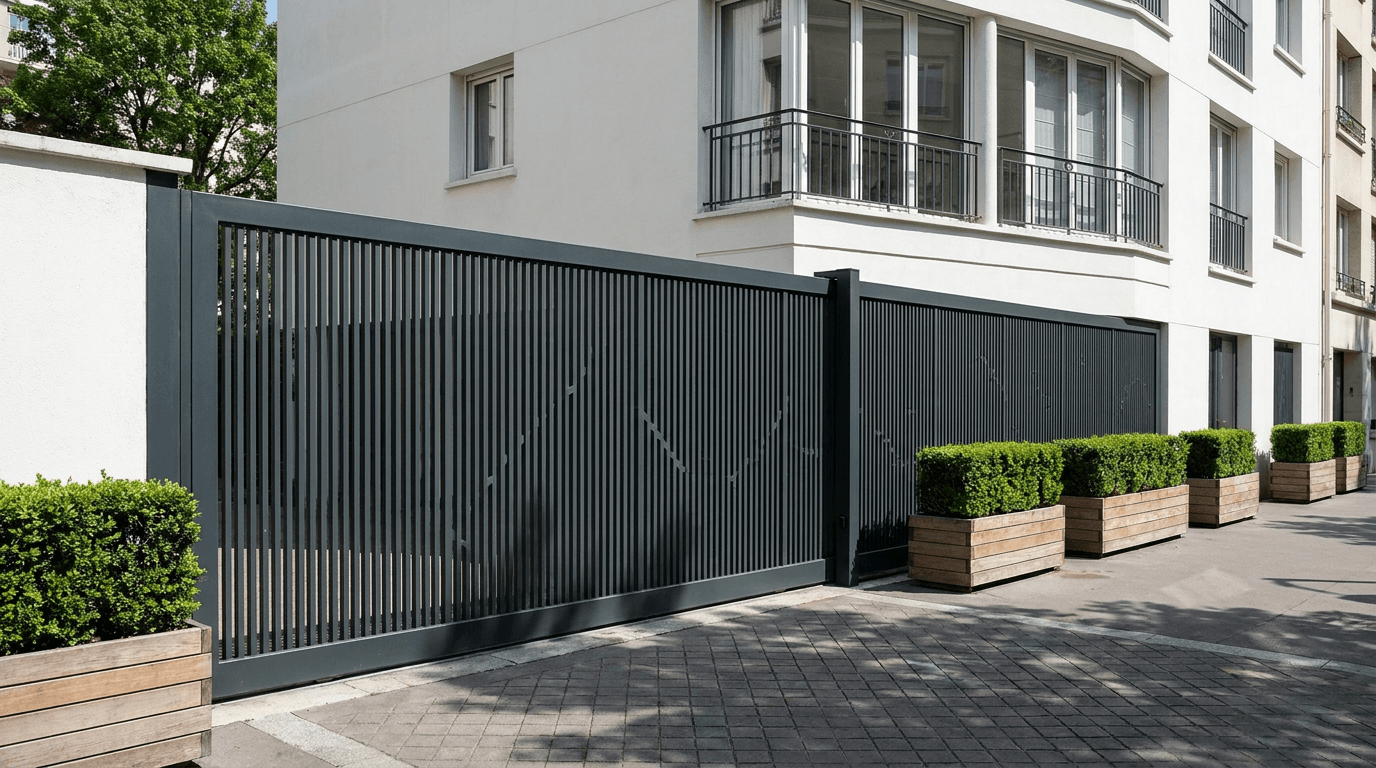 Portail acier S235JR coulissant motorisé Came BX-241 RAL 7016 anthracite — Paris 15e Convention — AZ Construction Bruyères-sur-Oise — EN 13241