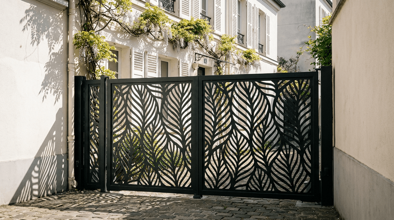 Portail acier S235JR battant 2 vantaux laser-cut motorisé Came BX-241 RAL 9005 noir — Paris 18e Montmartre — AZ Construction Bruyères-sur-Oise — EN 13241