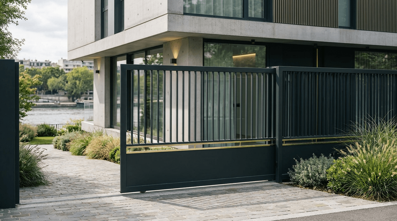 Portail acier S235JR coulissant motorisé Came BX-241 RAL 7016 anthracite + accent laiton — Issy-les-Moulineaux (Hauts-de-Seine) — AZ Construction Bruyères-sur-Oise — EN 13241