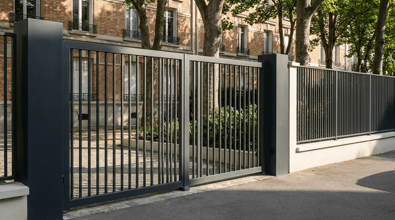 Portail acier S235JR battant 2 vantaux motorisé Came BX-241 RAL 7016 anthracite — Vincennes (Val-de-Marne) — AZ Construction Bruyères-sur-Oise — EN 13241