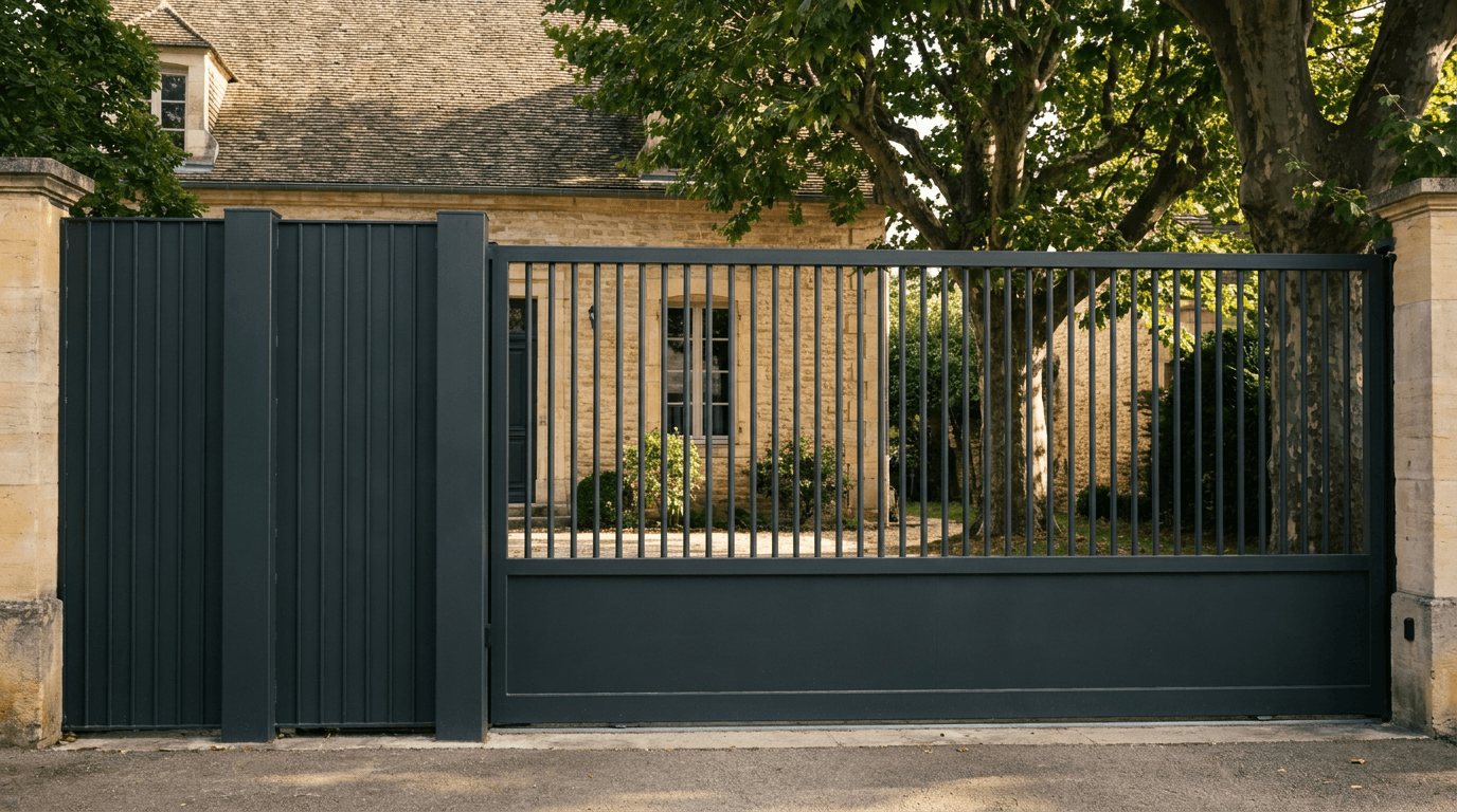 Portail acier S235JR coulissant motorisé Came BX-241 RAL 7016 anthracite — Melun pierre calcaire (Seine-et-Marne) — AZ Construction Bruyères-sur-Oise — EN 13241