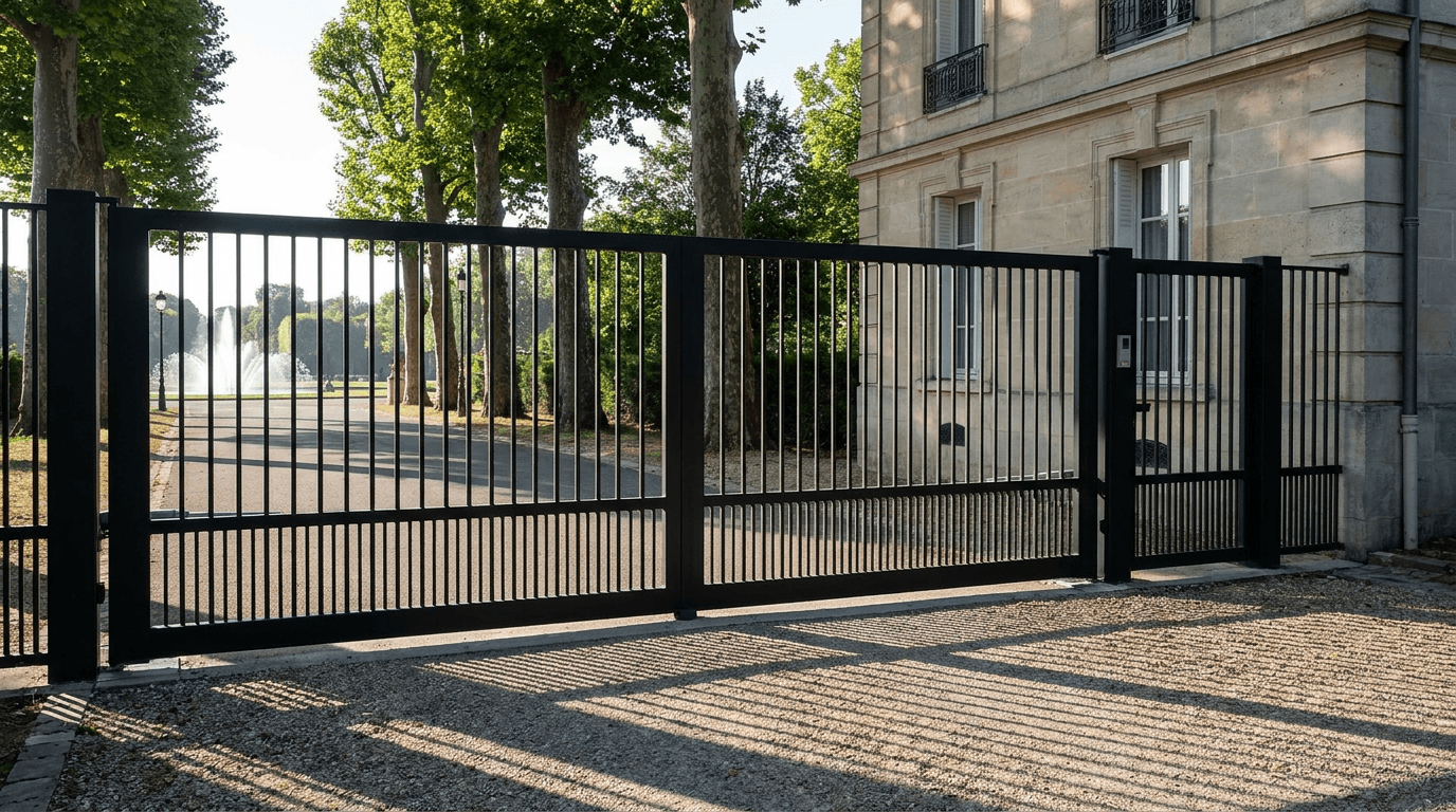 Portail acier S235JR battant 2 vantaux motorisé Came BX-241 RAL 9005 noir — Sceaux Parc (Hauts-de-Seine) — AZ Construction Bruyères-sur-Oise — EN 13241