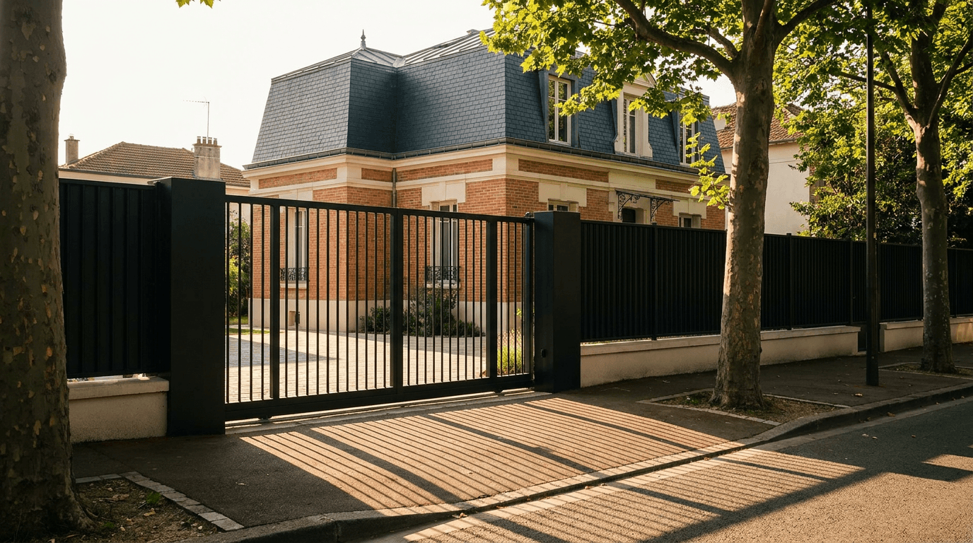 Portail acier S235JR coulissant motorisé Came BX-241 RAL 9005 noir — Montrouge 1900 mansard (Hauts-de-Seine) — AZ Construction Bruyères-sur-Oise — EN 13241