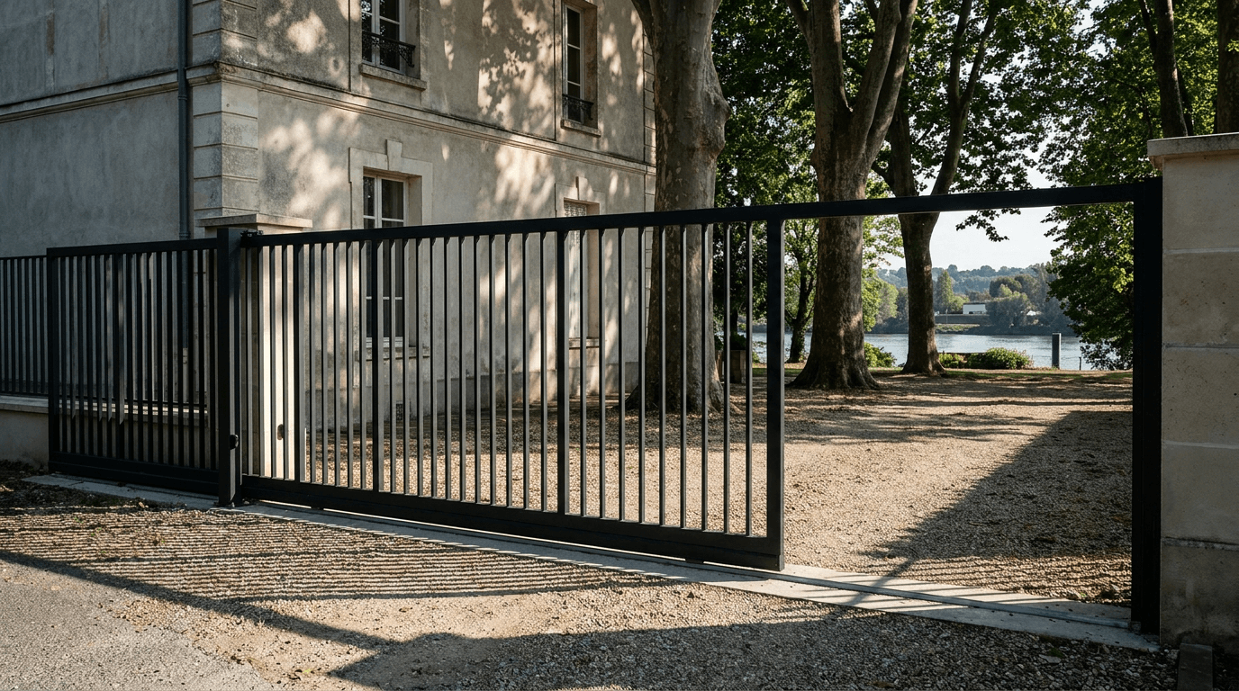 Portail acier S235JR coulissant motorisé Came BX-241 RAL 9005 noir — Poissy (Yvelines) — AZ Construction Bruyères-sur-Oise — EN 13241