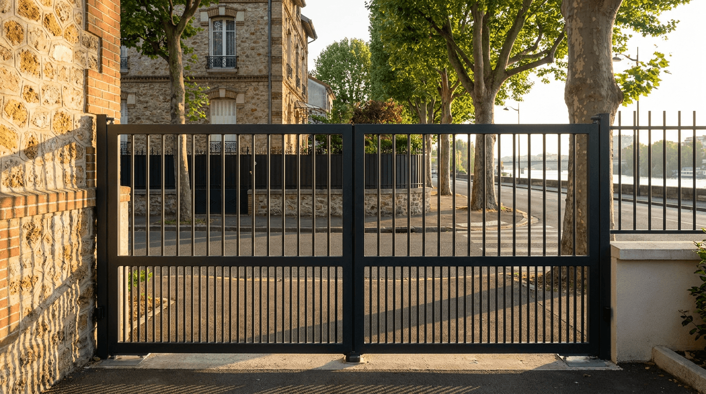 Portail acier S235JR battant 2 vantaux motorisé Came BX-241 RAL 7016 anthracite — Argenteuil Seine (Val-d'Oise) — AZ Construction Bruyères-sur-Oise — EN 13241