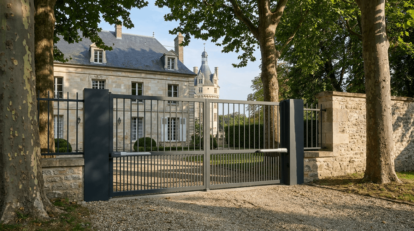 Portail acier S235JR battant 2 vantaux motorisé Came BX-241 RAL 7016 anthracite — Écouen Château (Val-d'Oise) — AZ Construction Bruyères-sur-Oise — EN 13241