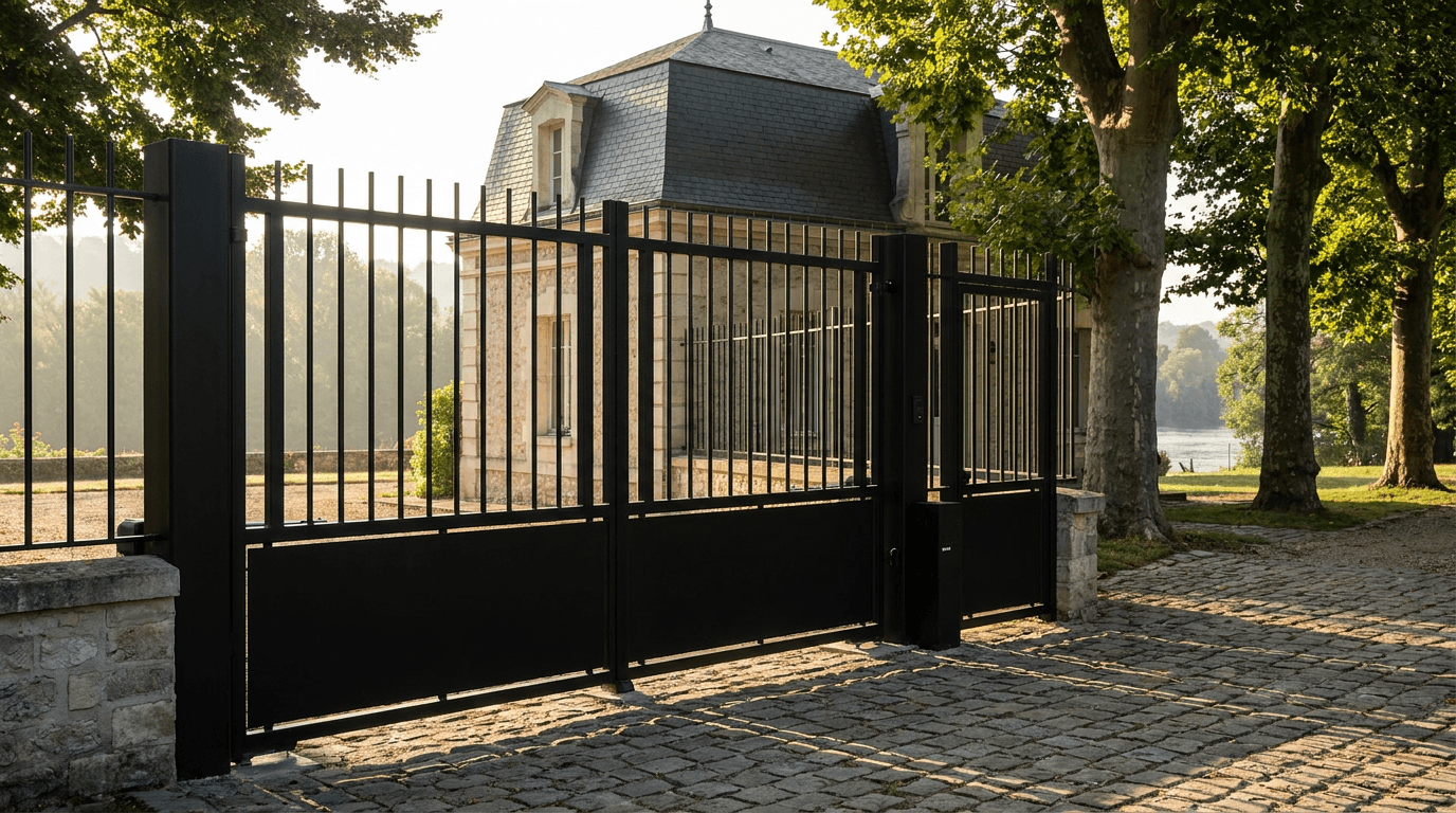 Portail acier S235JR battant 2 vantaux héritage motorisé Came BX-241 RAL 9005 noir — Beaumont-sur-Oise rive Oise (Val-d'Oise) — AZ Construction Bruyères-sur-Oise — EN 13241