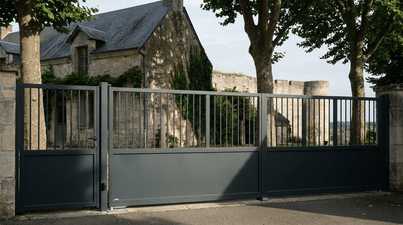 Portail acier S235JR battant 2 vantaux héritage motorisé Came BX-241 RAL 7016 anthracite — Laon médiéval (Aisne) — AZ Construction Bruyères-sur-Oise — EN 13241