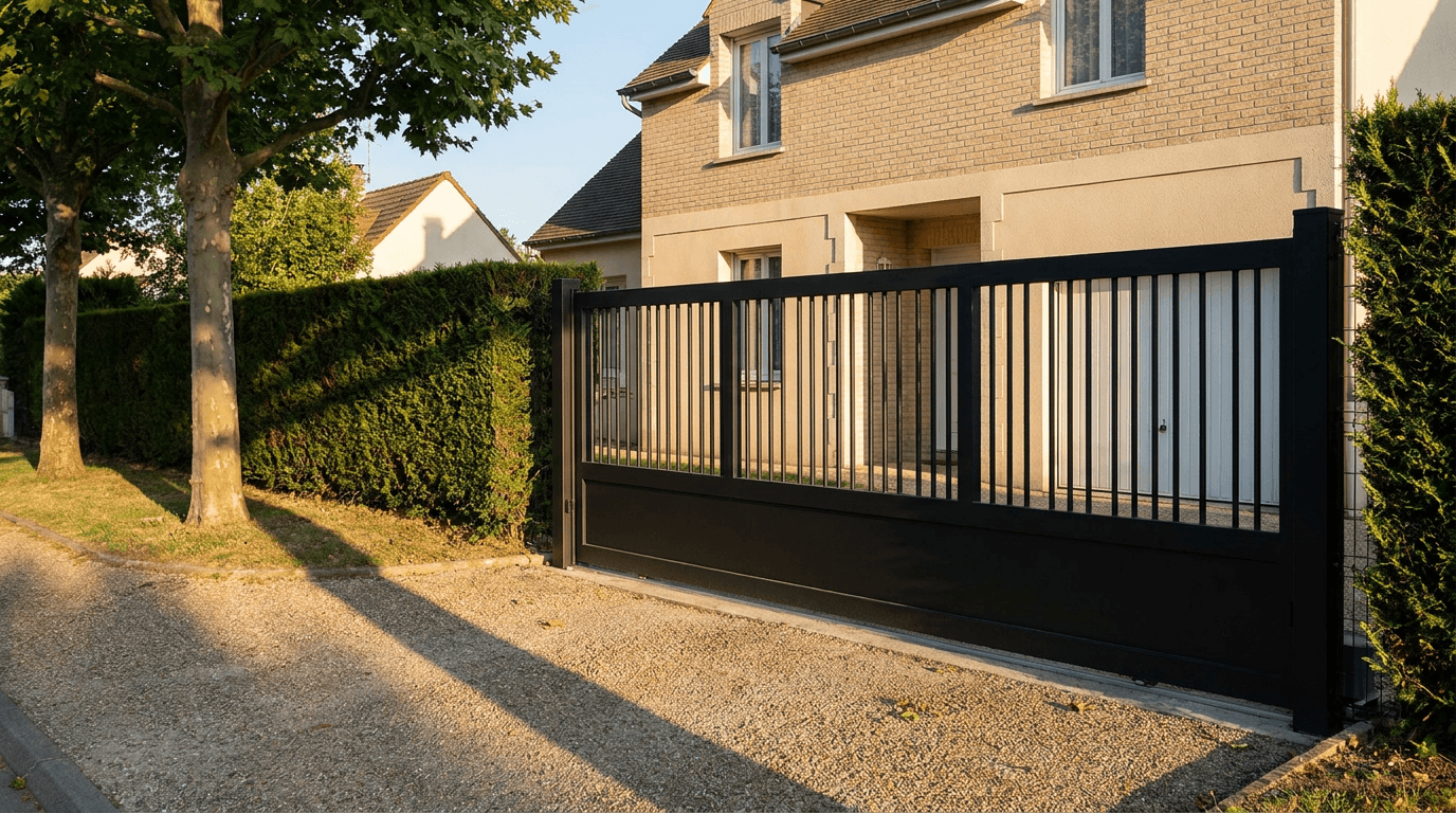 Portail acier S235JR coulissant motorisé Came BX-241 RAL 9005 noir — Combs-la-Ville (Seine-et-Marne) — AZ Construction Bruyères-sur-Oise — EN 13241