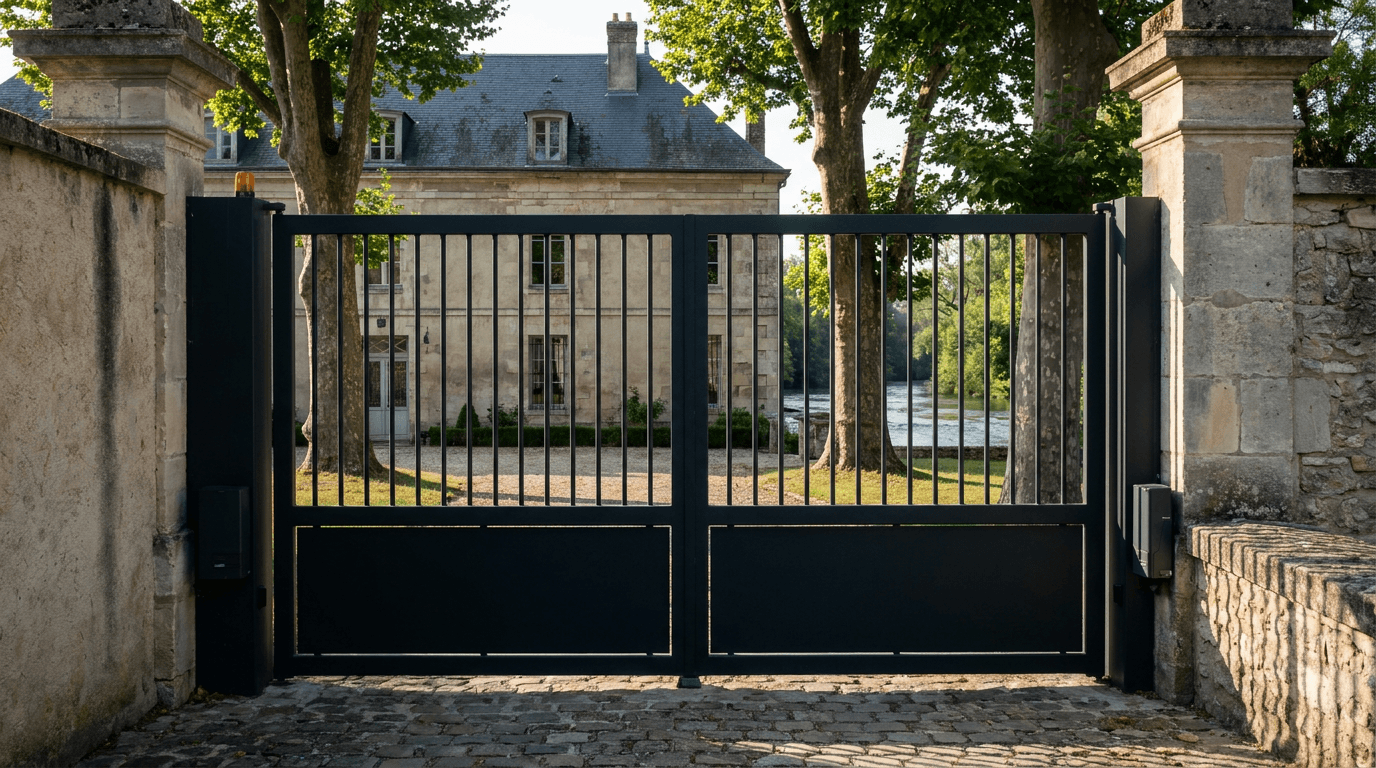 Portail acier S235JR battant 2 vantaux héritage motorisé Came BX-241 RAL 9005 noir — Nemours Loing (Seine-et-Marne) — AZ Construction Bruyères-sur-Oise — EN 13241