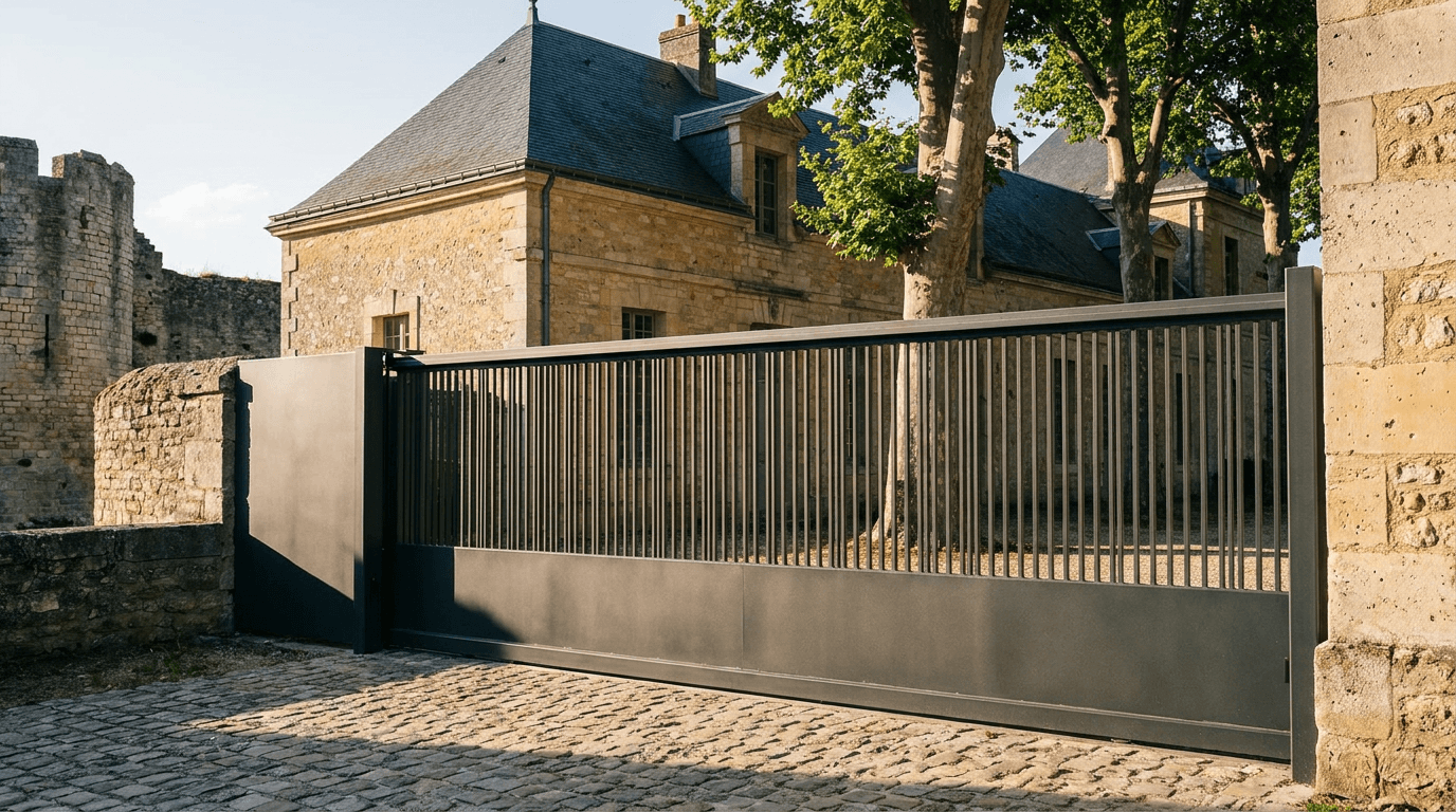 Portail acier S235JR coulissant motorisé Came BX-241 RAL 7016 anthracite — Blandy-les-Tours château médiéval (Seine-et-Marne) — AZ Construction Bruyères-sur-Oise — EN 13241