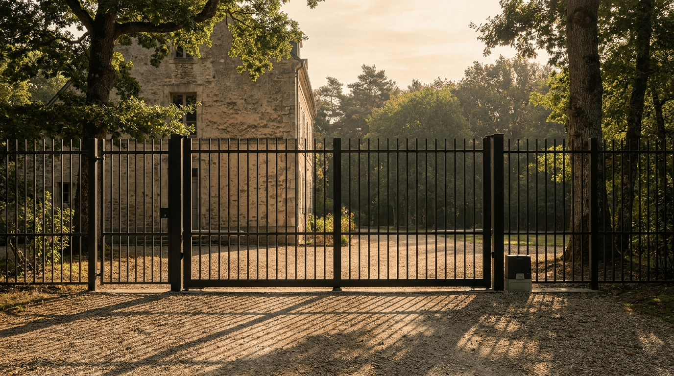 Portail acier S235JR battant 2 vantaux héritage motorisé Came BX-241 RAL 9005 noir — Barbizon village des peintres (Seine-et-Marne) — AZ Construction Bruyères-sur-Oise — EN 13241