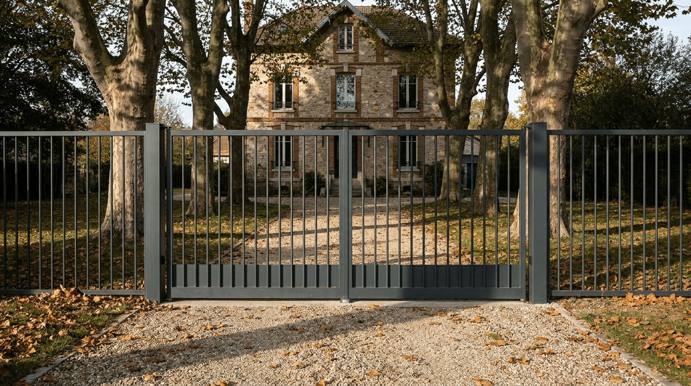Portail acier S235JR battant 2 vantaux motorisé Came BX-241 RAL 7016 anthracite — Boissy-le-Châtel Brie (Seine-et-Marne) — AZ Construction Bruyères-sur-Oise — EN 13241
