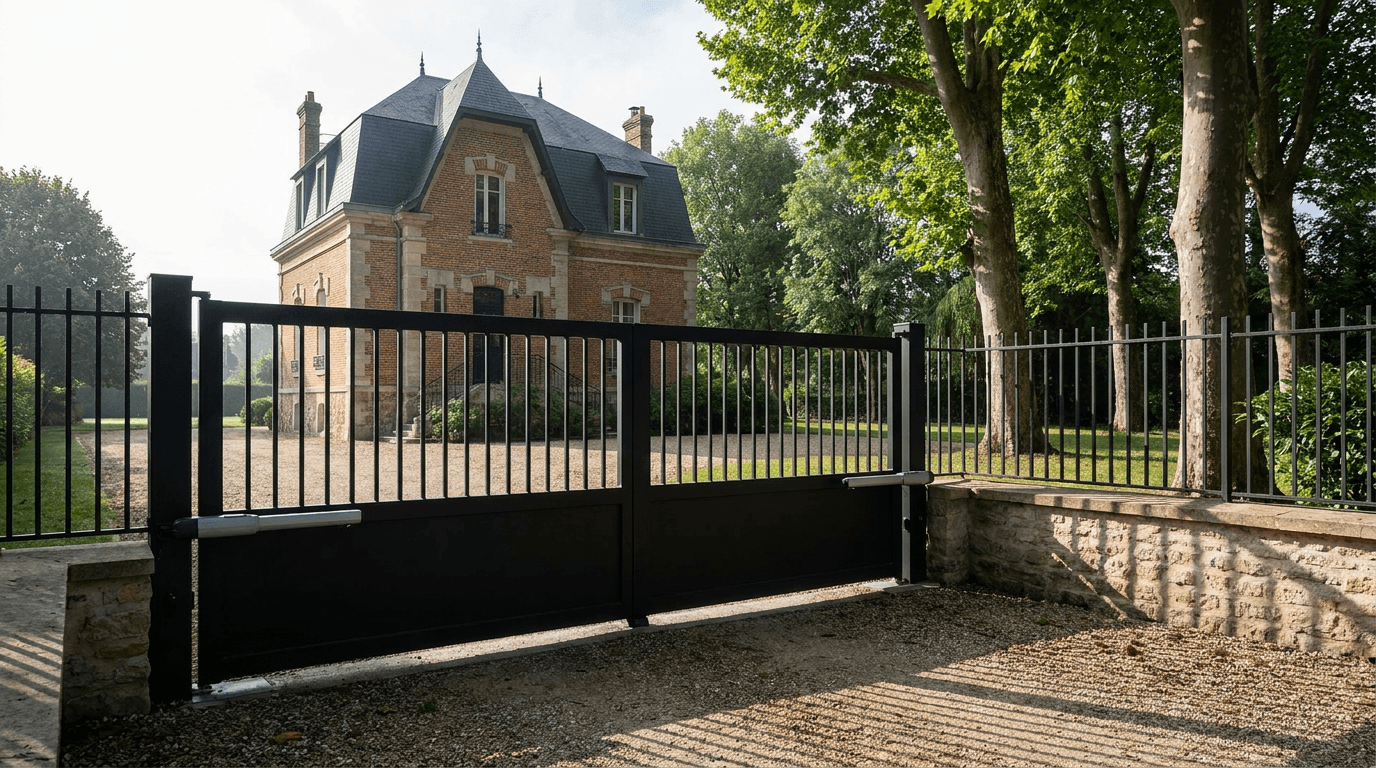 Portail acier S235JR battant 2 vantaux motorisé Came BX-241 RAL 9005 noir — Dammartin-en-Goële (Seine-et-Marne) — AZ Construction Bruyères-sur-Oise — EN 13241