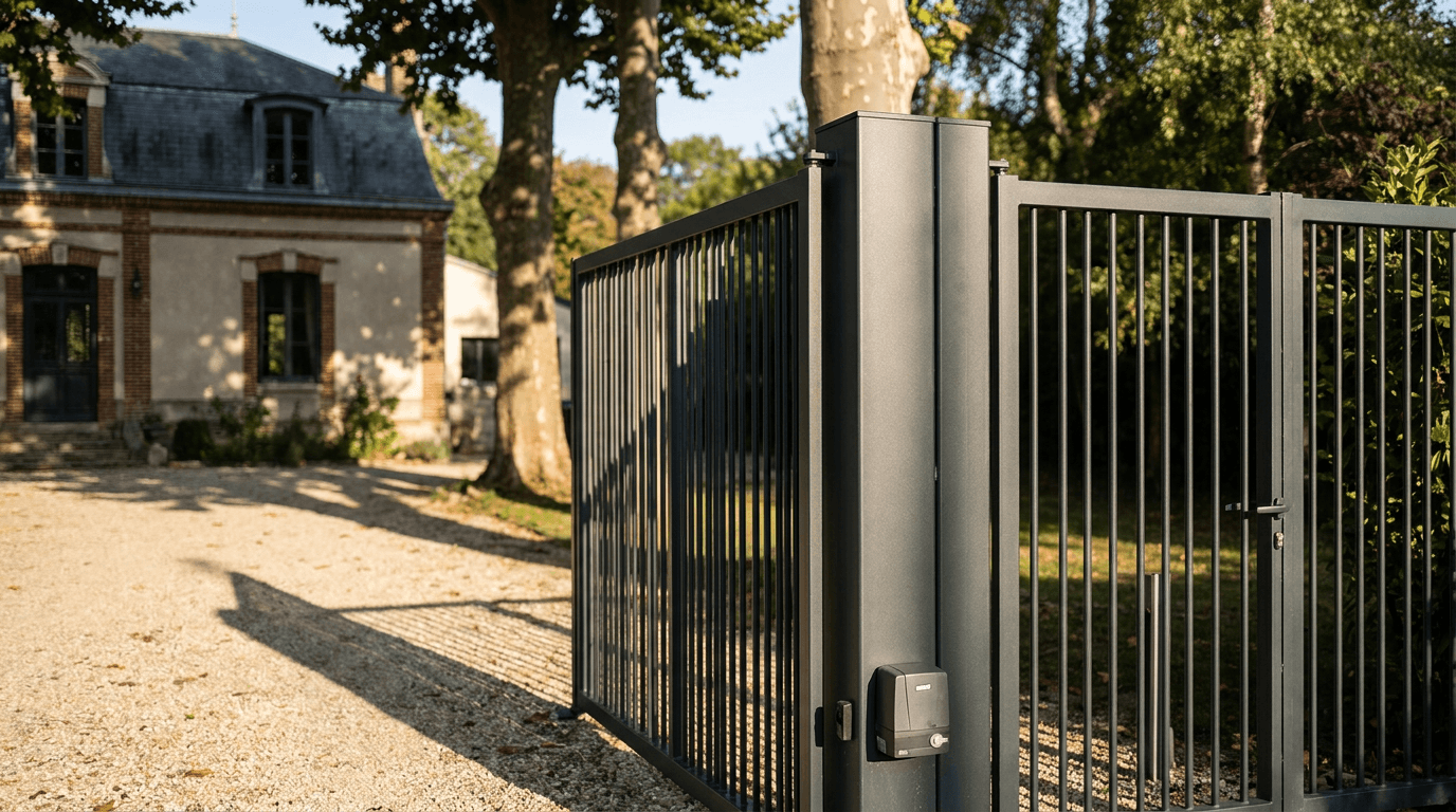 Portail acier S235JR battant 2 vantaux motorisé Came BX-241 RAL 7016 anthracite — Chalifert Brie (Seine-et-Marne) — AZ Construction Bruyères-sur-Oise — EN 13241