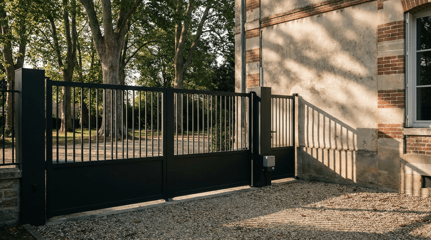 Portail acier S235JR battant 2 vantaux motorisé Came BX-241 RAL 9005 noir — Échouboulains Brie (Seine-et-Marne) — AZ Construction Bruyères-sur-Oise — EN 13241