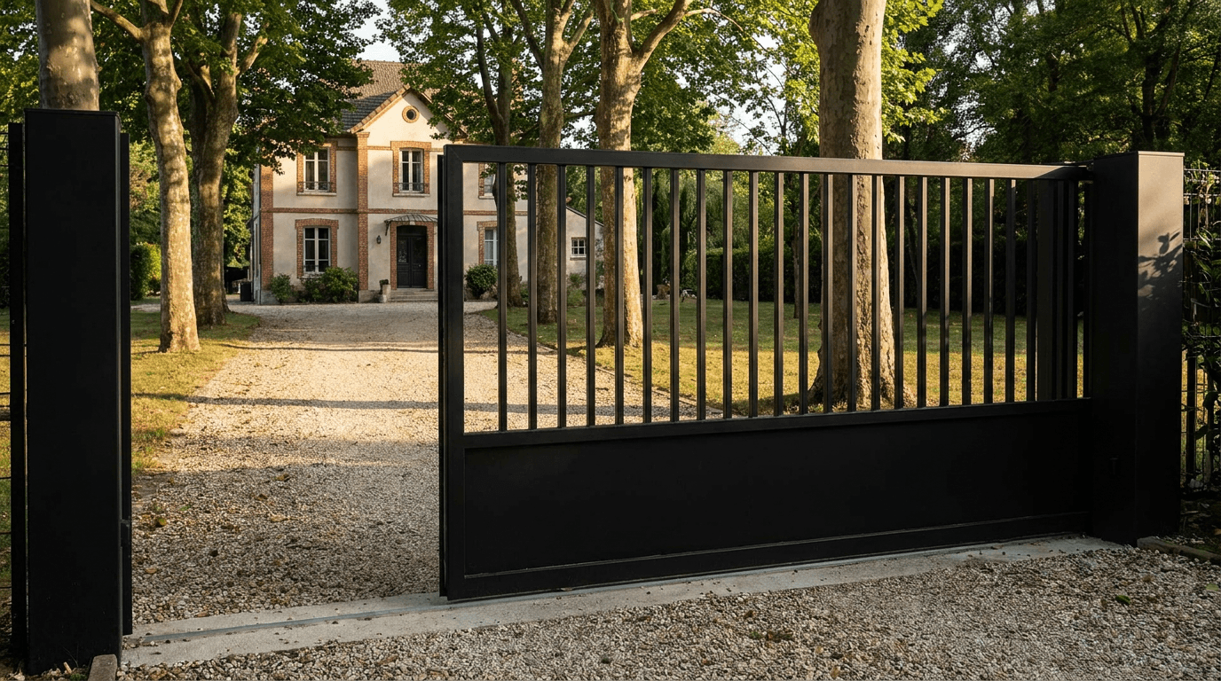 Portail acier S235JR coulissant motorisé Came BX-241 RAL 9005 noir — Bagneaux-sur-Loing (Seine-et-Marne) — AZ Construction Bruyères-sur-Oise — EN 13241