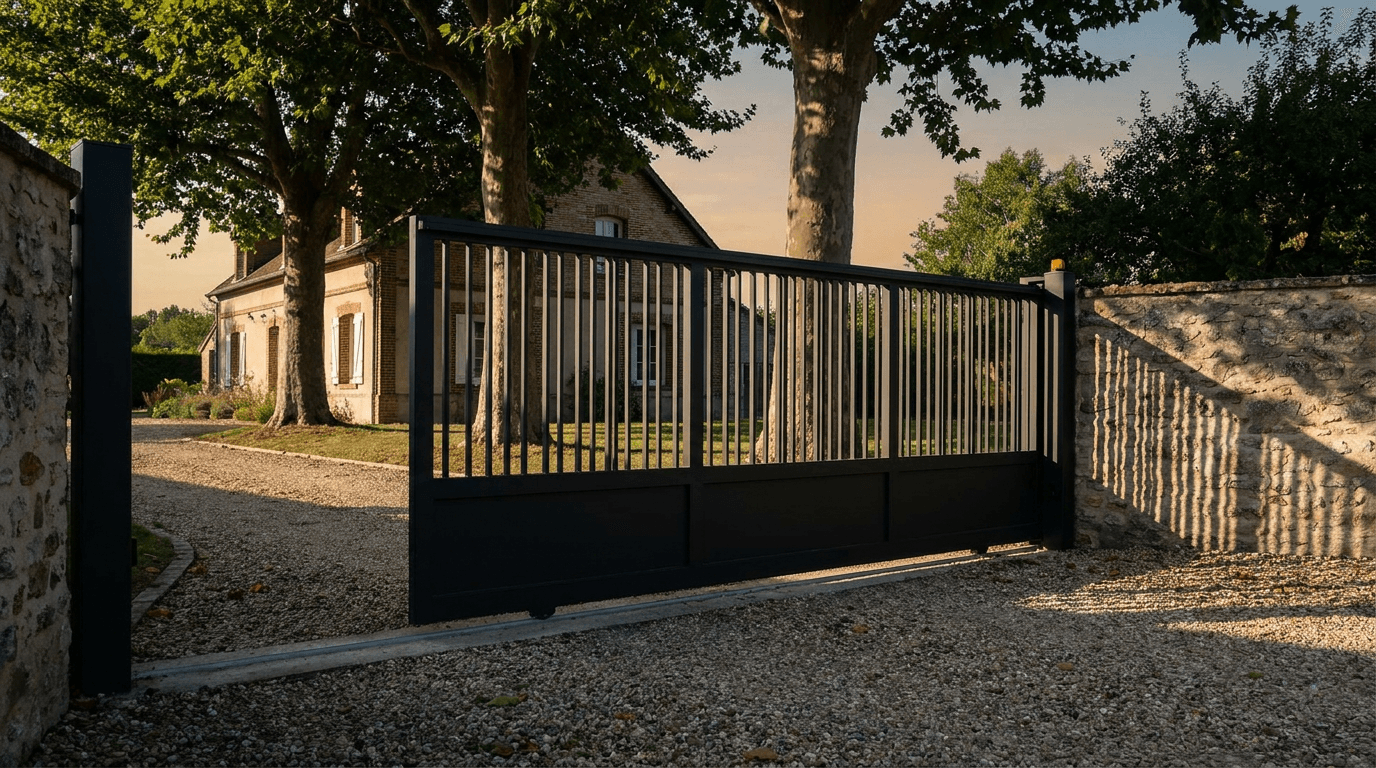Portail acier S235JR coulissant motorisé Came BX-241 RAL 9005 noir — Breuil-le-Sec (Oise) — AZ Construction Bruyères-sur-Oise — EN 13241