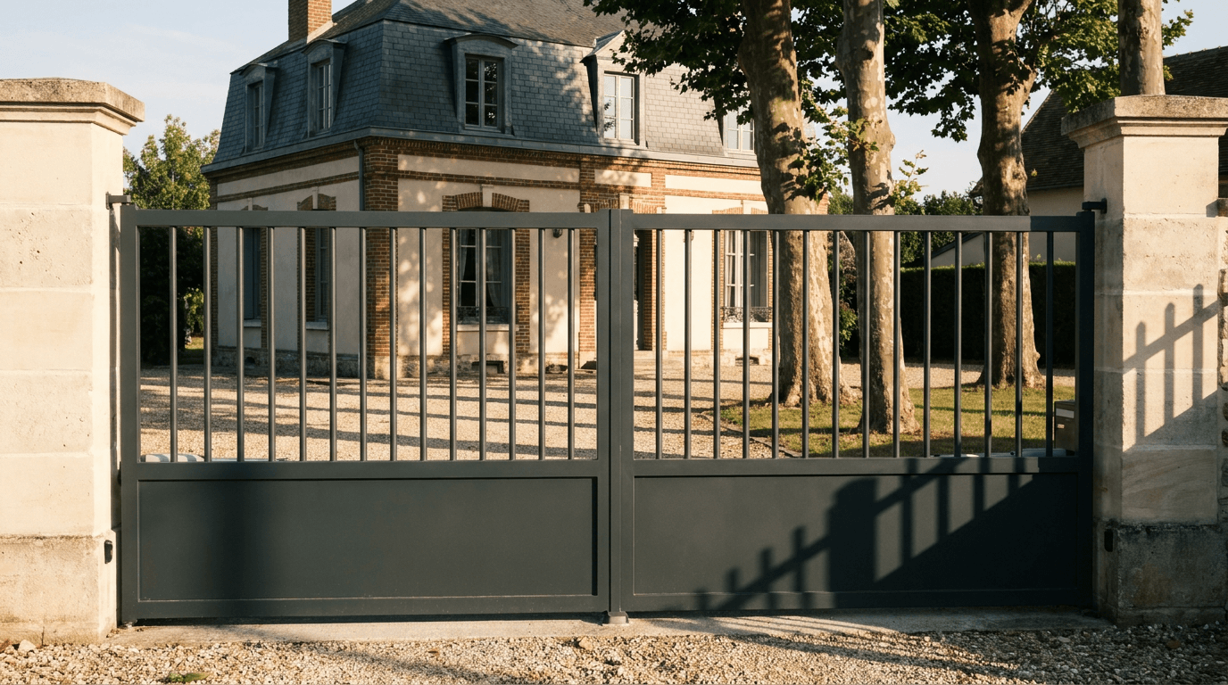 Portail acier S235JR battant 2 vantaux motorisé Came BX-241 RAL 7016 anthracite — Chaumont-en-Vexin (Oise) — AZ Construction Bruyères-sur-Oise — EN 13241