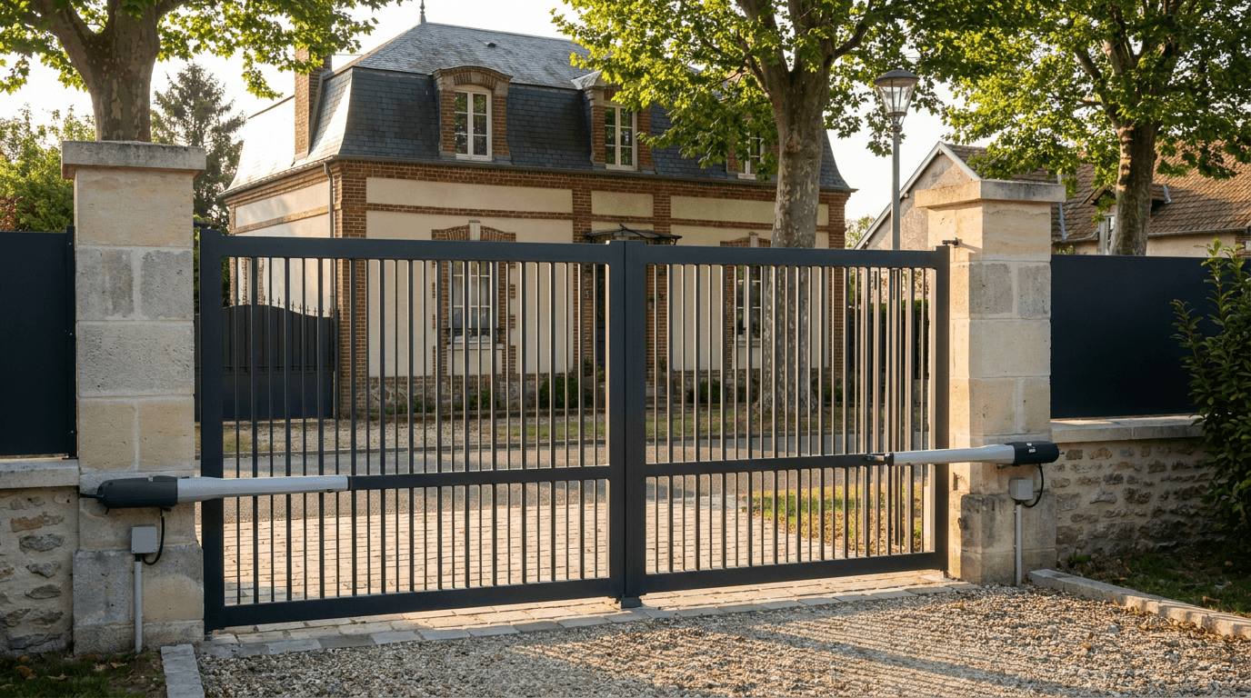 Portail acier S235JR battant 2 vantaux motorisé Came BX-241 RAL 7016 anthracite — Couloisy (Oise) — AZ Construction Bruyères-sur-Oise — EN 13241