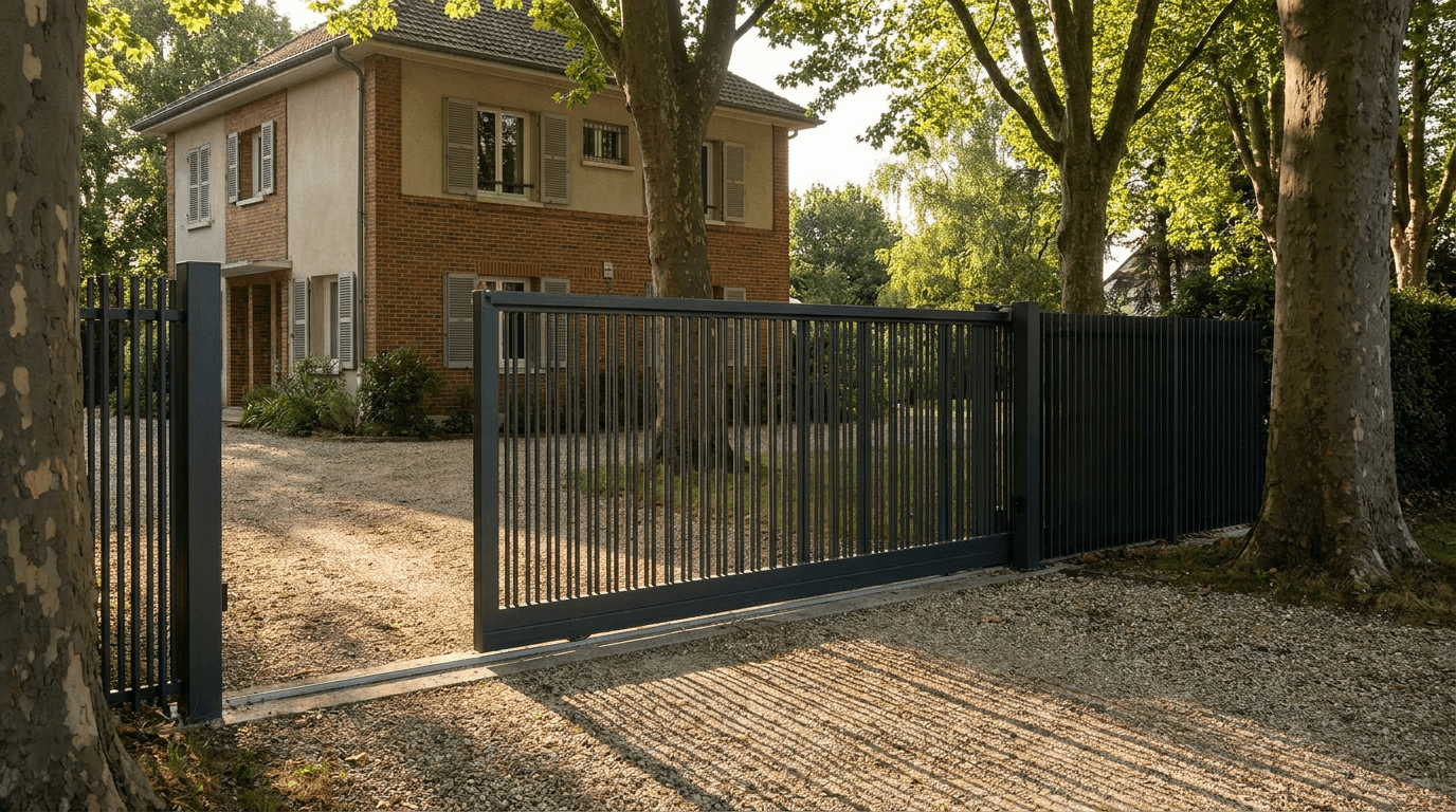 Portail acier S235JR coulissant motorisé Came BX-241 RAL 7016 anthracite — Bernay (Eure) — AZ Construction Bruyères-sur-Oise — EN 13241