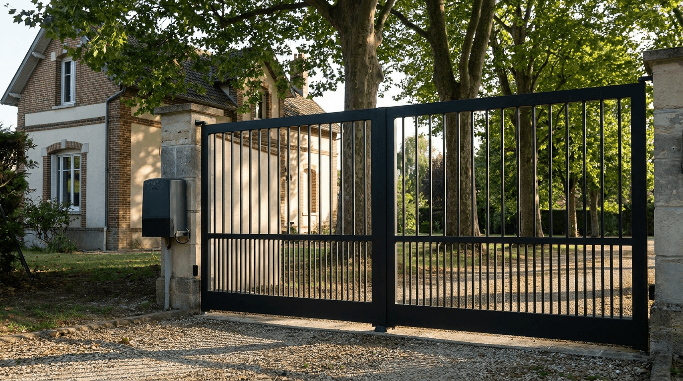Portail acier S235JR battant 2 vantaux motorisé Came BX-241 RAL 9005 noir — Louviers (Eure) — AZ Construction Bruyères-sur-Oise — EN 13241
