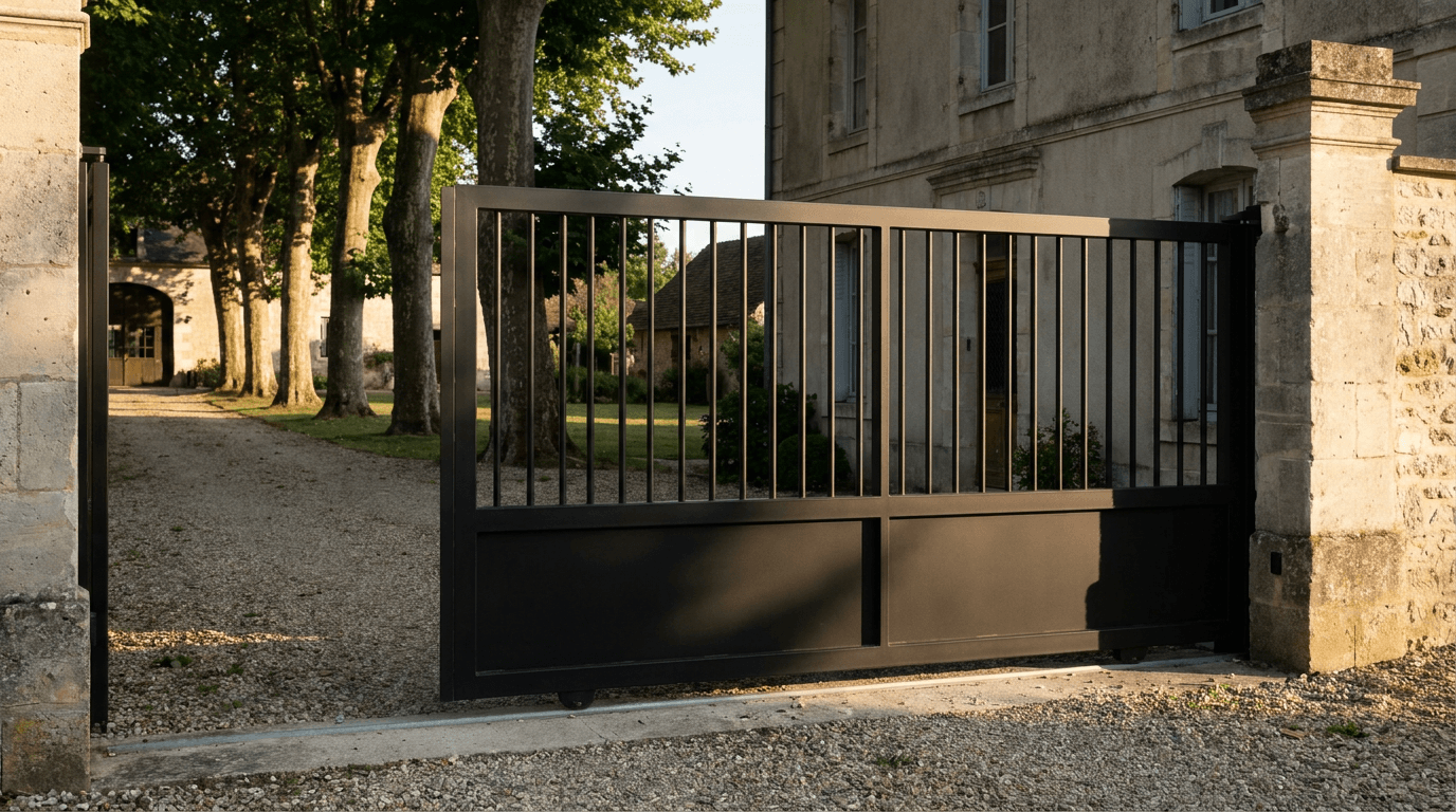 Portail acier S235JR coulissant motorisé Came BX-241 RAL 9005 noir — Val-de-Reuil (Eure) — AZ Construction Bruyères-sur-Oise — EN 13241