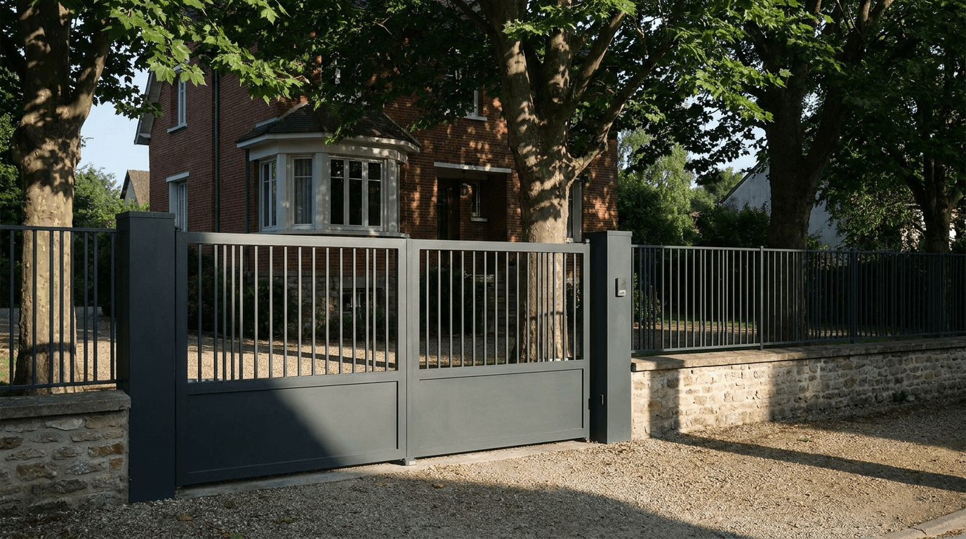 Portail acier S235JR battant 2 vantaux motorisé Came BX-241 RAL 7016 anthracite — Arnouville (Val-d'Oise) — AZ Construction Bruyères-sur-Oise — EN 13241
