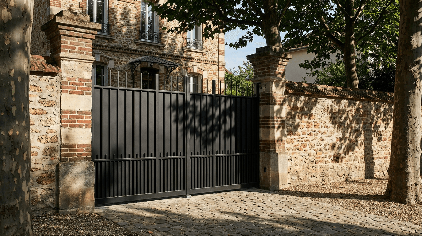 Portail acier S235JR battant 2 vantaux motorisé Came BX-241 RAL 9005 noir — Belloy-en-France (Val-d'Oise) — AZ Construction Bruyères-sur-Oise — EN 13241