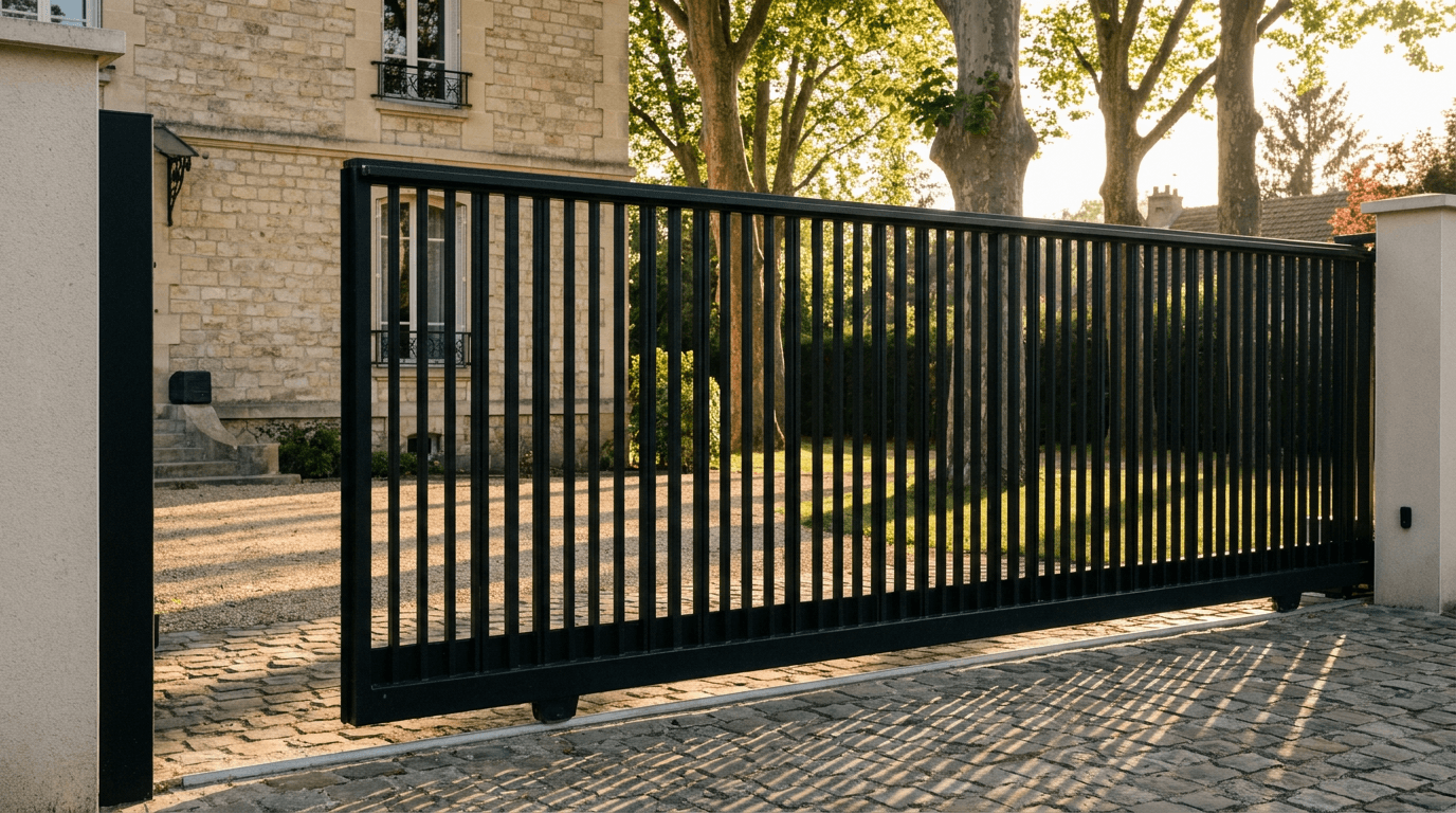 Portail acier S235JR coulissant motorisé Came BX-241 RAL 9005 noir — Chennevières-lès-Louvres sud (Val-d'Oise) — AZ Construction Bruyères-sur-Oise — EN 13241