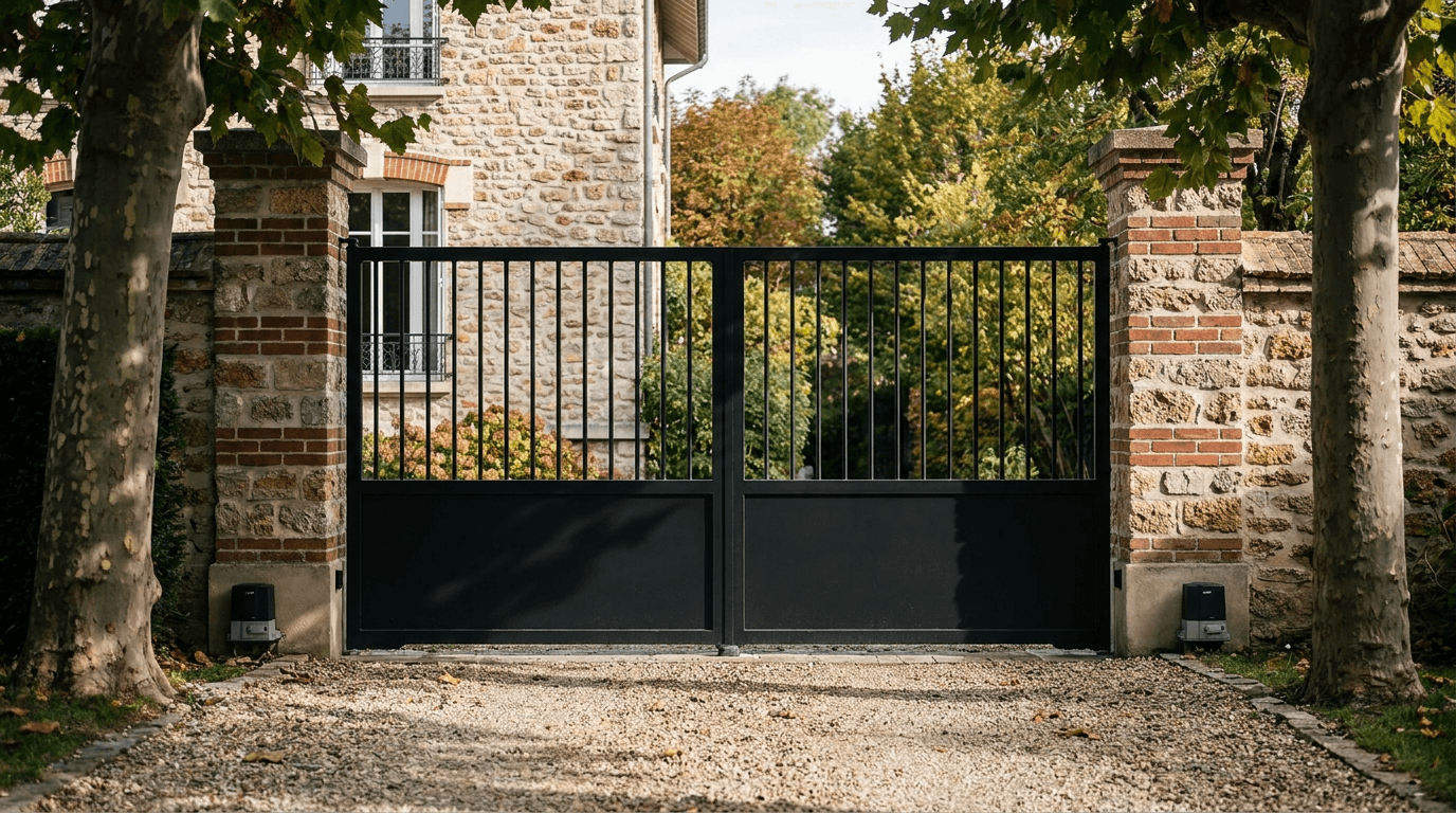 Portail acier S235JR battant 2 vantaux motorisé Came BX-241 RAL 9005 noir — Garges-lès-Gonesse (Val-d'Oise) — AZ Construction Bruyères-sur-Oise — EN 13241