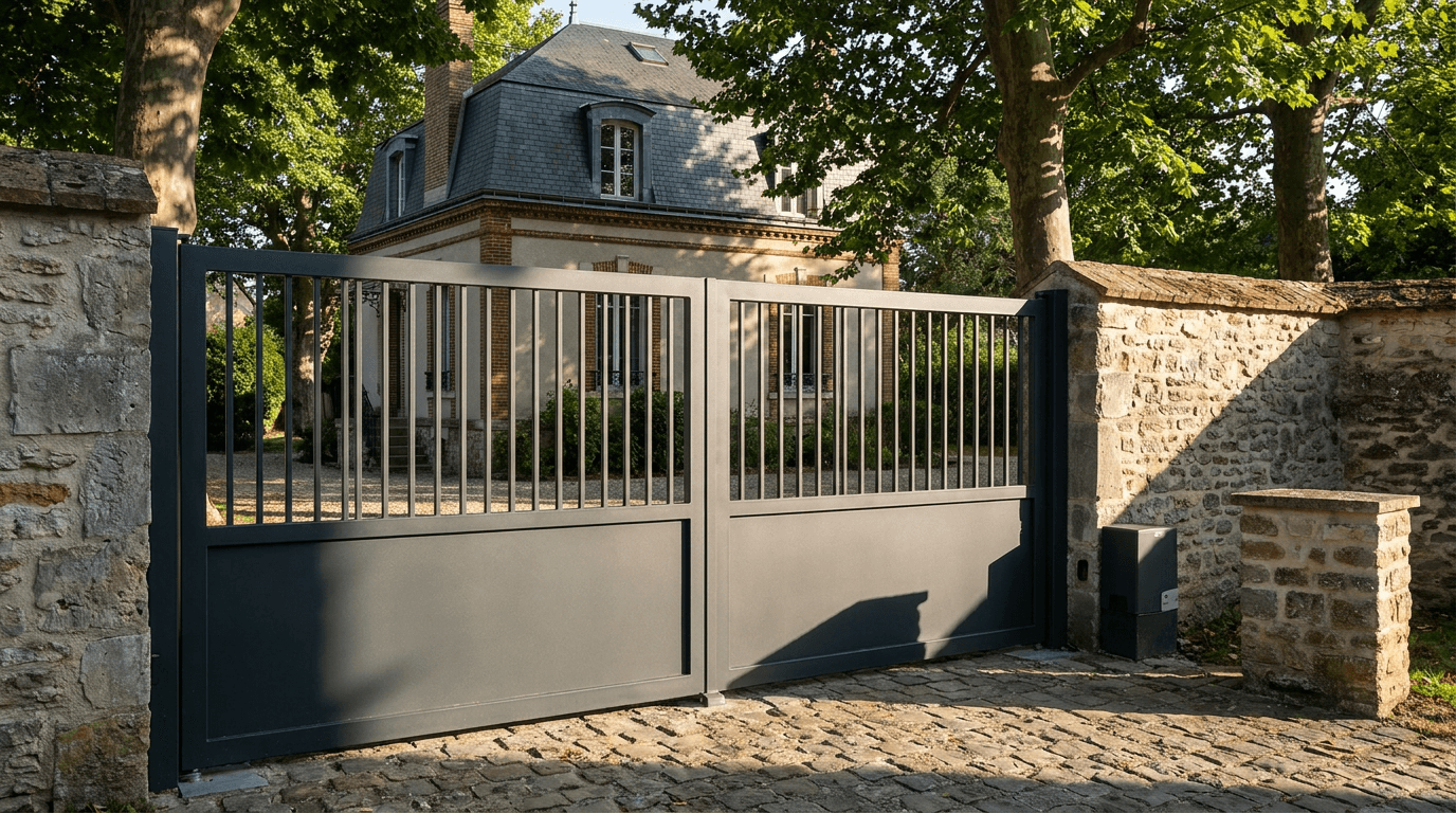 Portail acier S235JR battant 2 vantaux motorisé Came BX-241 RAL 7016 anthracite — Abbéville-la-Rivière Hurepoix (Essonne) — AZ Construction Bruyères-sur-Oise — EN 13241