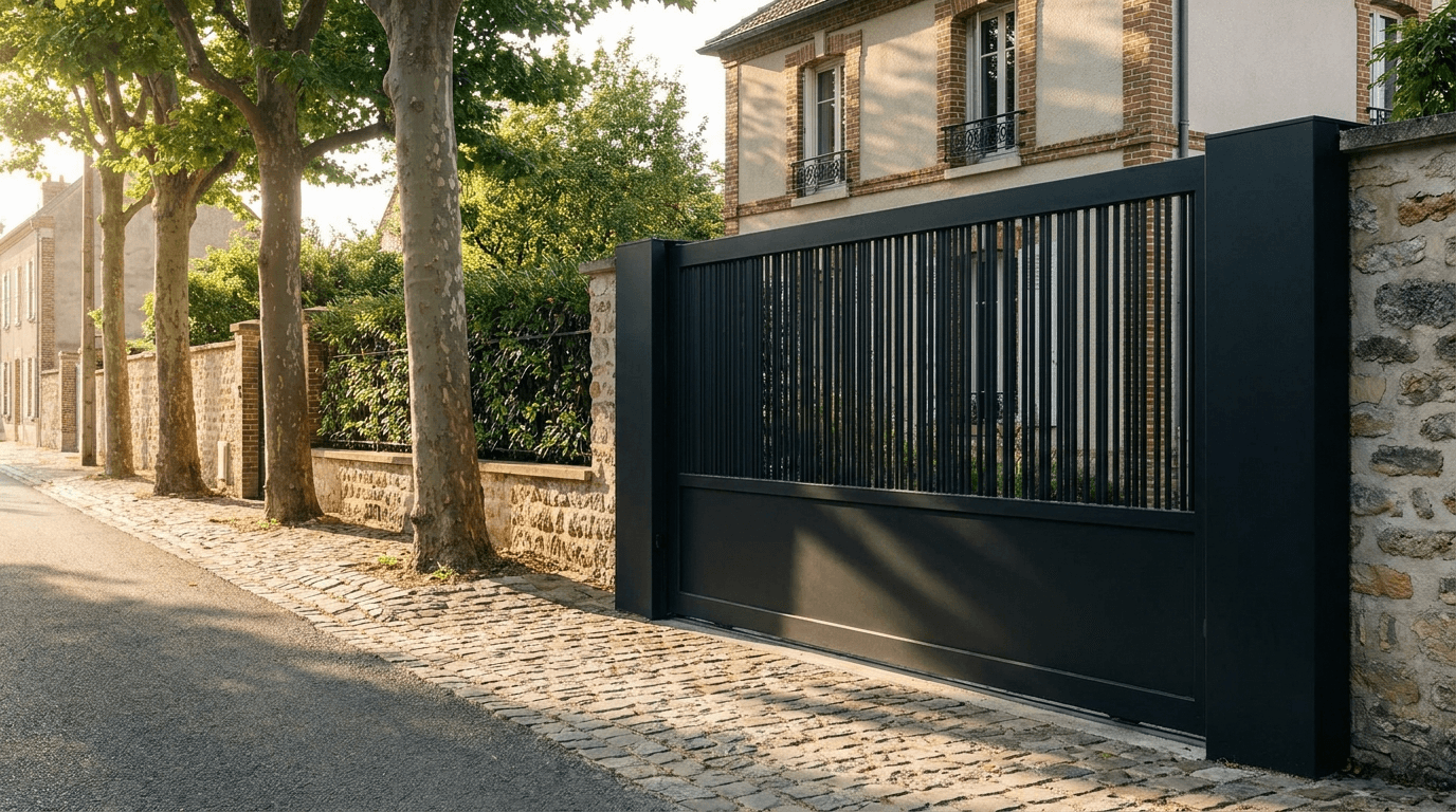 Portail acier S235JR coulissant motorisé Came BX-241 RAL 9005 noir — Angerville Hurepoix (Essonne) — AZ Construction Bruyères-sur-Oise — EN 13241