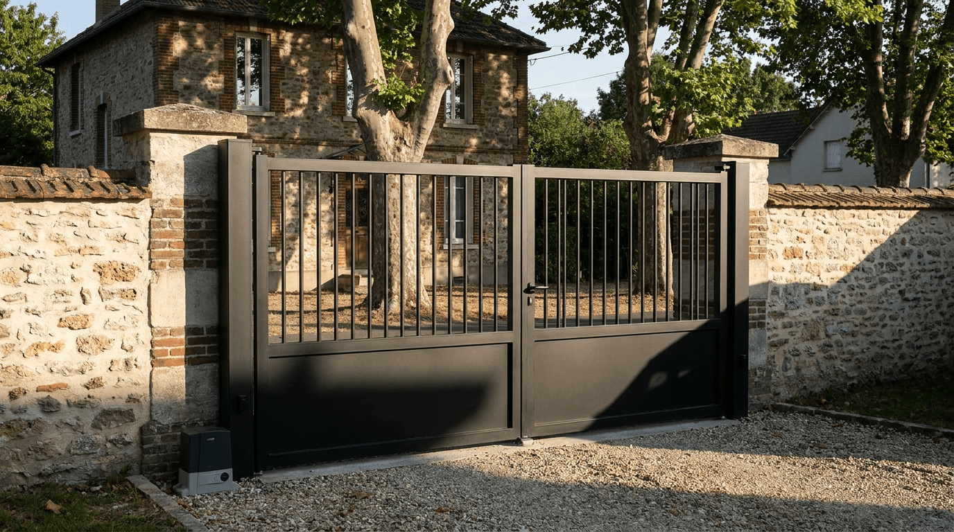 Portail acier S235JR battant 2 vantaux motorisé Came BX-241 RAL 9005 noir — Avrainville (Essonne) — AZ Construction Bruyères-sur-Oise — EN 13241
