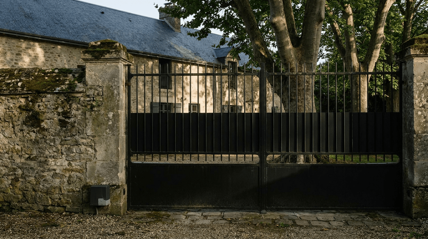 Portail acier S235JR battant 2 vantaux héritage motorisé Came BX-241 RAL 9005 noir — Ballancourt-sur-Essonne (Essonne) — AZ Construction Bruyères-sur-Oise — EN 13241