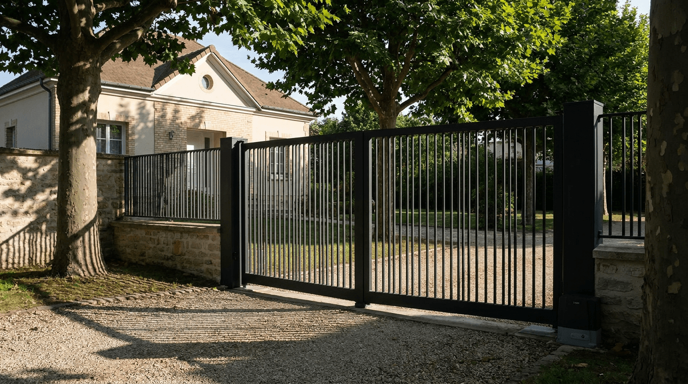 Portail acier S235JR battant 2 vantaux motorisé Came BX-241 RAL 9005 noir — Breuillet (Essonne) — AZ Construction Bruyères-sur-Oise — EN 13241