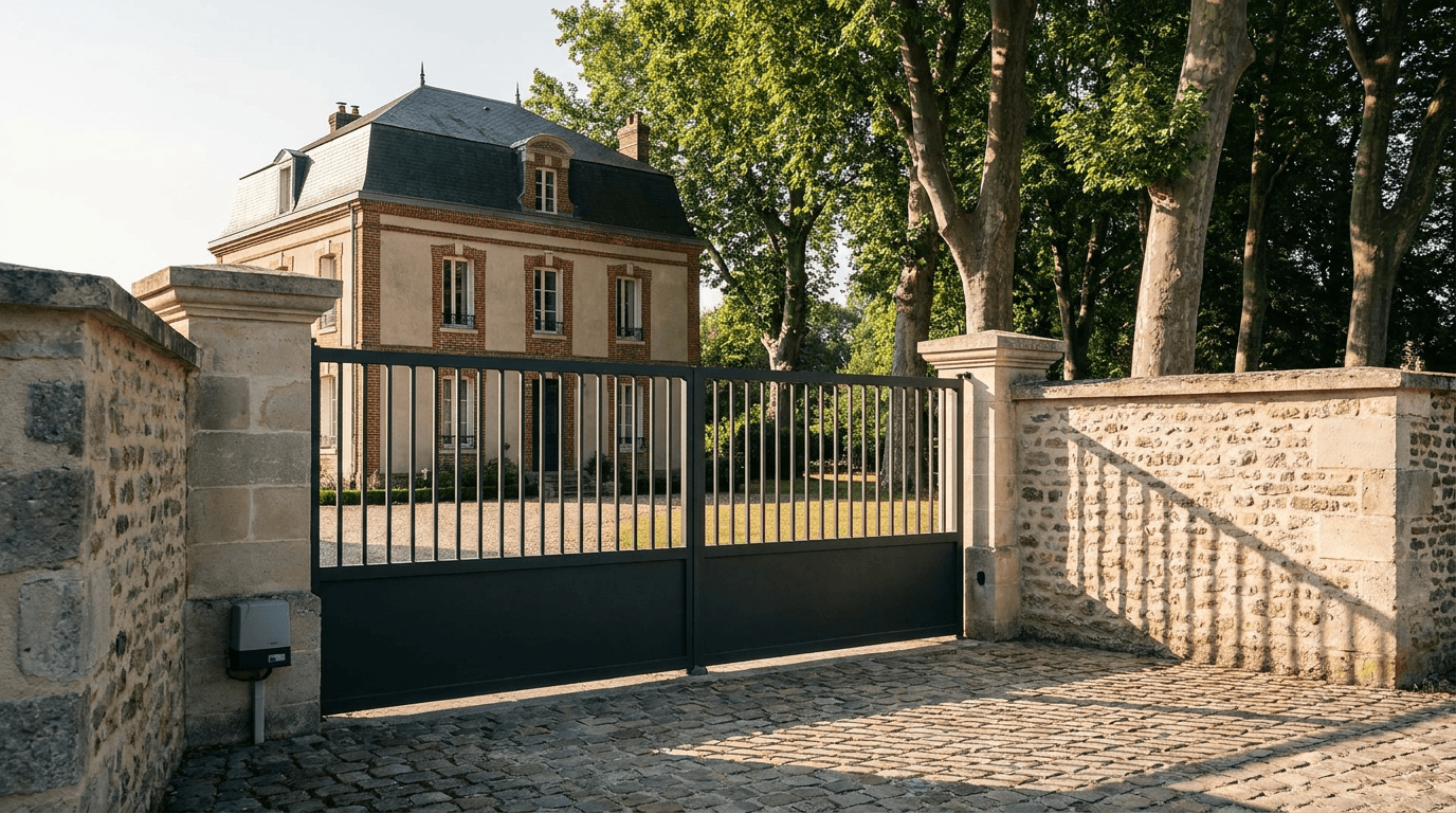 Portail acier S235JR battant 2 vantaux motorisé Came BX-241 RAL 7016 anthracite — Abbeville Picardie (Somme) — AZ Construction Bruyères-sur-Oise — EN 13241