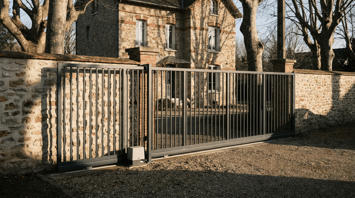 Portail acier S235JR coulissant motorisé Came BX-241 RAL 7016 anthracite — Bailly (Yvelines) — AZ Construction Bruyères-sur-Oise — EN 13241